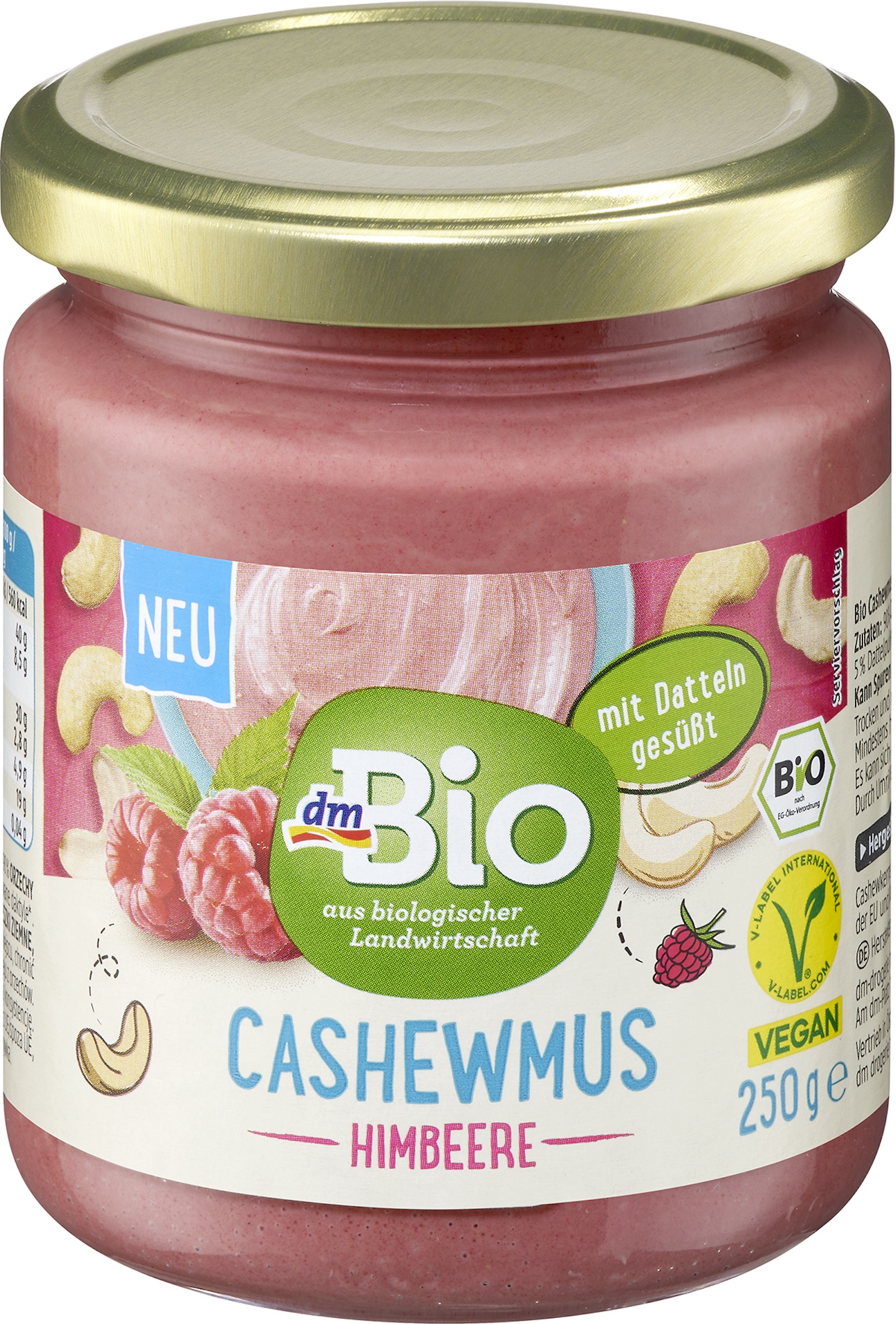 Ein Glas „dmBio Cashewmus Himbeere“ mit goldfarbenem Deckel, vegan, mit Datteln gesüßt, 250 g – betroffen vom aktuellen Produktrückruf wegen Salmonellenverdacht.