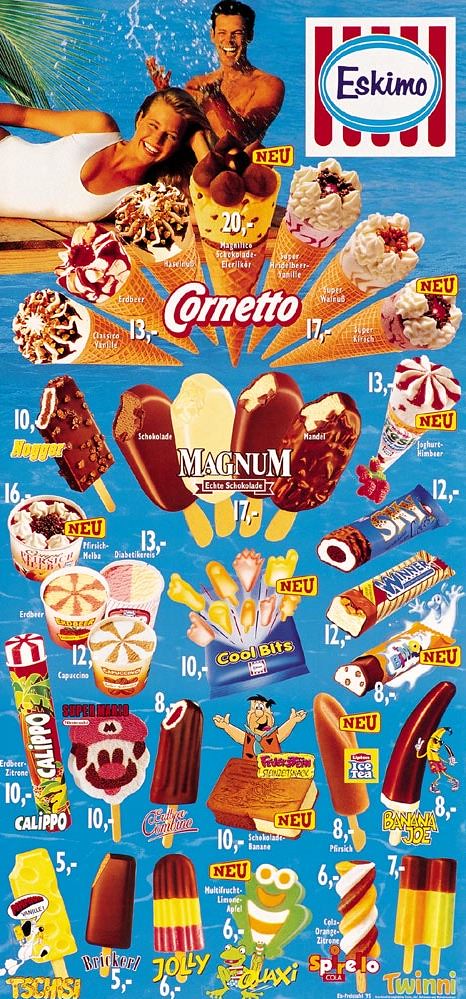 Bunte Eskimo-Eiskarte mit 13 verschiedenen Sorten und Preisen in Schilling: Zu sehen sind u.a. das Brickerl (Schokoladeneis), Tschisi (gelbes Vanilleeis in Käseform), Banana Joe (Bananeneis mit Schokoglasur), Twinni (doppelfärbiges Eis), Calippo (Wassereis) sowie Jolly, Spirello, Quaxi und neue Sorten wie Pfirsich oder Schokolade-Banane. Viele der Sorten gelten heute als nostalgische Klassiker.