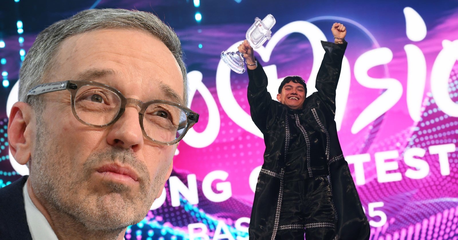Nahaufnahme von FPÖ-Chef Herbert Kickl mit kritischem Blick, daneben ESC-Sieger JJ in schwarzem Outfit, wie er mit erhobenen Armen den Eurovision-Pokal feiert. Im Hintergrund das ESC-Logo und „Basel 2025“.