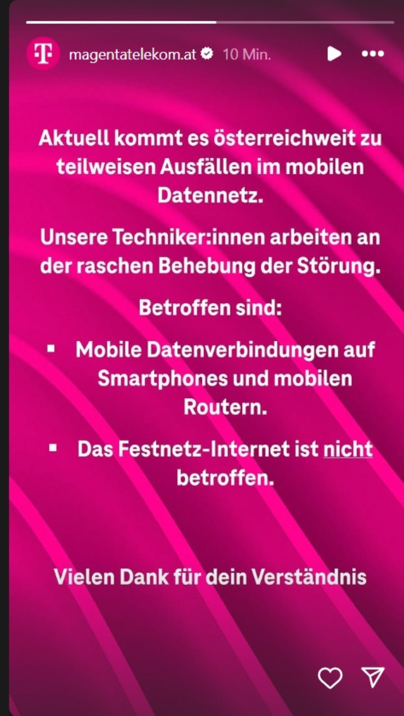 Screenshot einer Instagram-Story von Magenta Telekom mit der Info über teilweise Ausfälle im mobilen Datennetz. Betroffen sind Smartphones und mobile Router; Festnetz nicht betroffen.