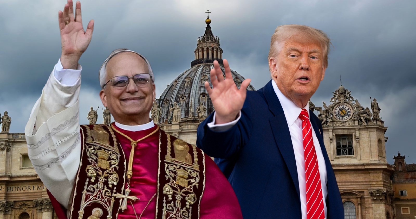 Foto-Kollage: Papst Leo XIV. in päpstlicher Kleidung und Donald Trump im Anzug stehen nebeneinander vor dem Petersdom in Rom und winken, der Himmel ist bewölkt.