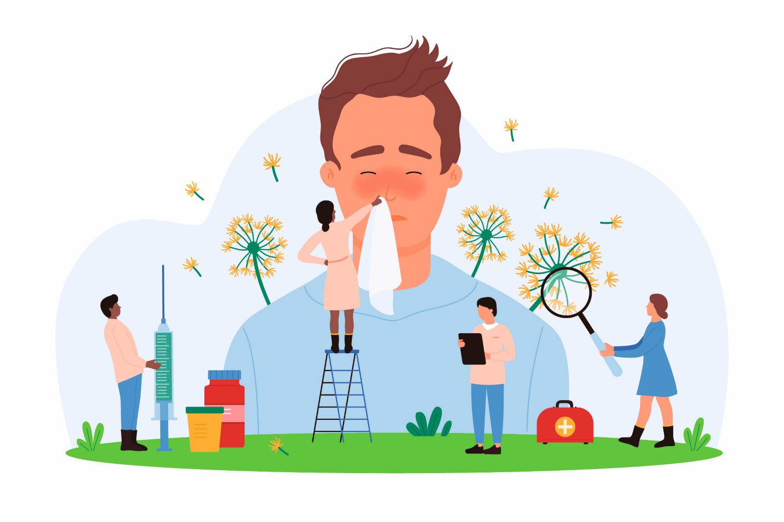 Illustration eines Mannes mit Symptomen einer Pollenallergie – gerötete Augen und Nase. Um ihn herum kleine Figuren: eine hält ein Taschentuch, eine andere untersucht Pollen mit einer Lupe, weitere bereiten Medikamente und eine Spritze vor. Im Hintergrund fliegende Pollen und blühende Pflanzen.