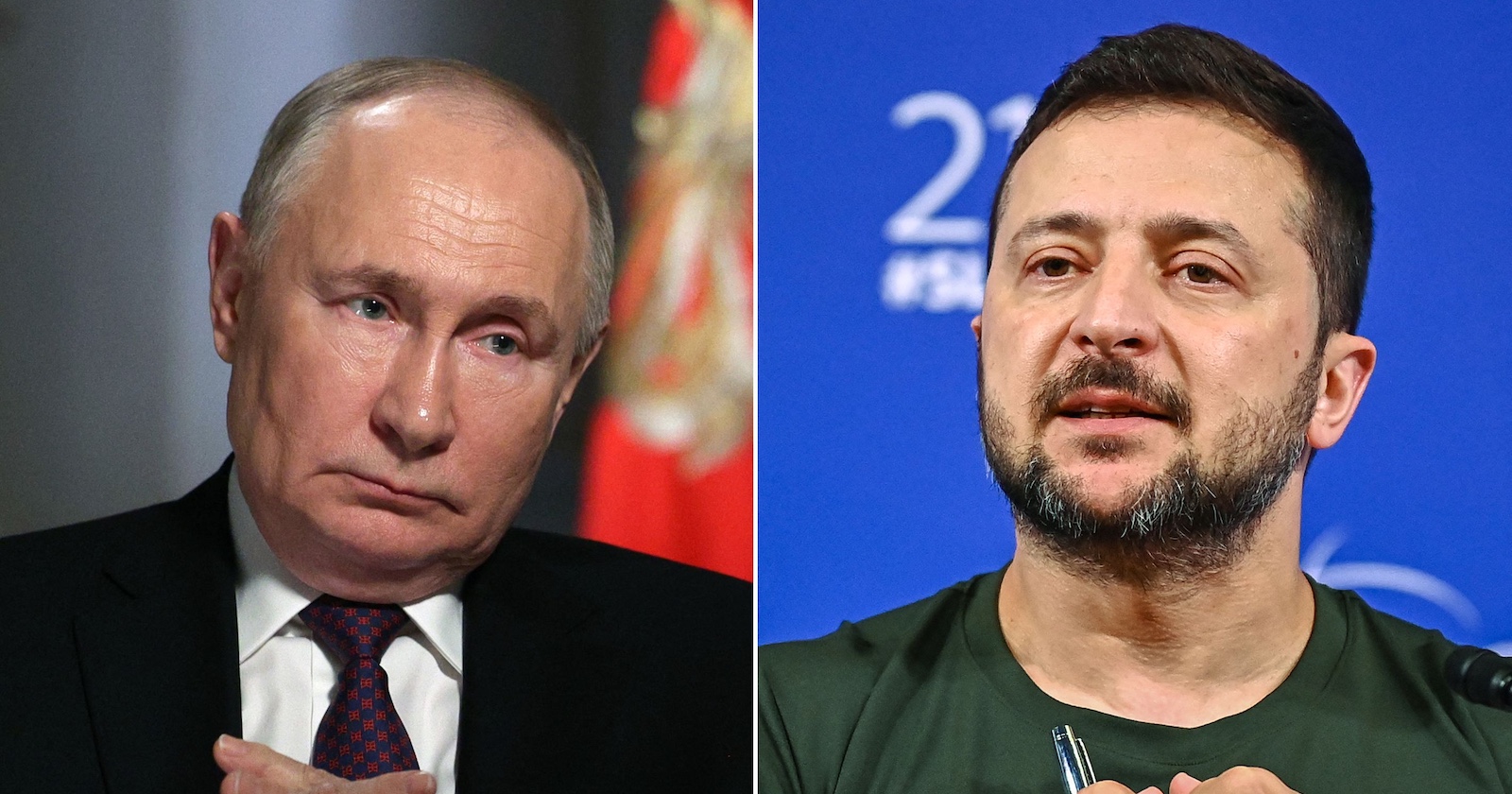 Porträt-Fotomontage: Links Wladimir Putin mit ernster Miene in dunklem Anzug vor russischer Flagge, rechts Wolodymyr Selenskyj bei einer Pressekonferenz, in grünem T-Shirt mit Mikrofon, spricht ernst.