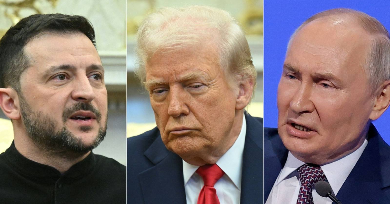 Die Präsidenten Selenskyj (Ukraine), Trump (USA) und Putin (Russland) nebeneinander im Porträt. Das geplante Ukraine-Gespräch in Istanbul findet ohne Trump und Putin statt.