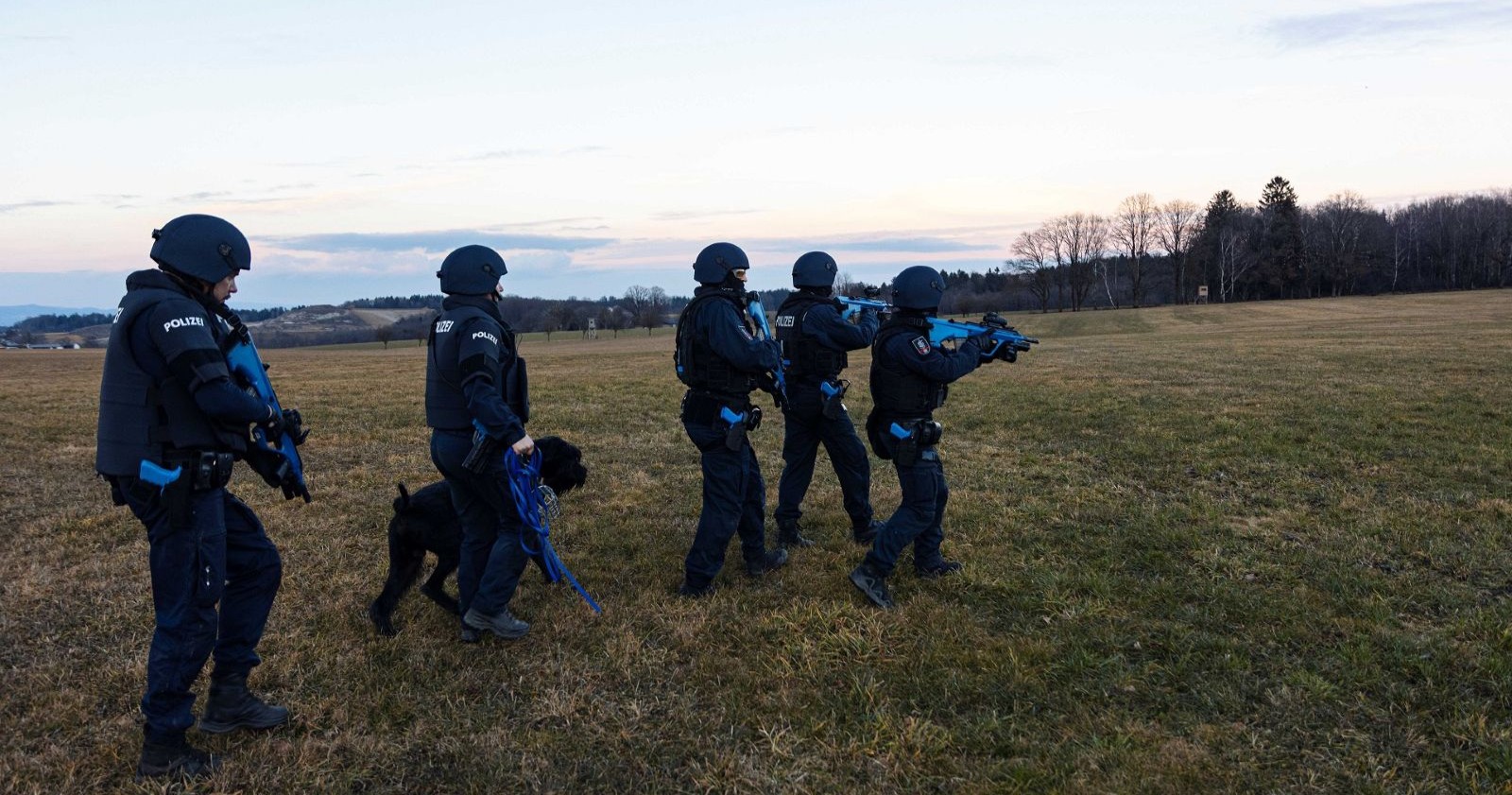 SIG-Streife (schnelle Interventionsgruppe), 5 Personen in einem Feld vor einem Waldstück mit einem Polizei-Diensthund