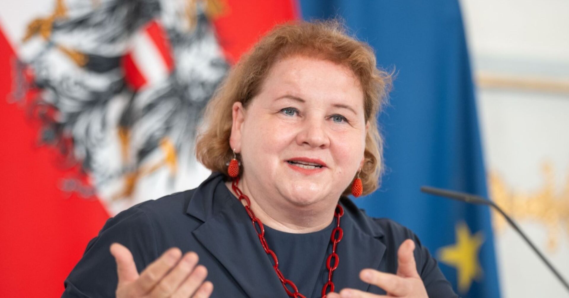 Korinna Schumann bei einer Pressekonferenz, gestikulierend vor den Flaggen Österreichs und der Europäischen Union.