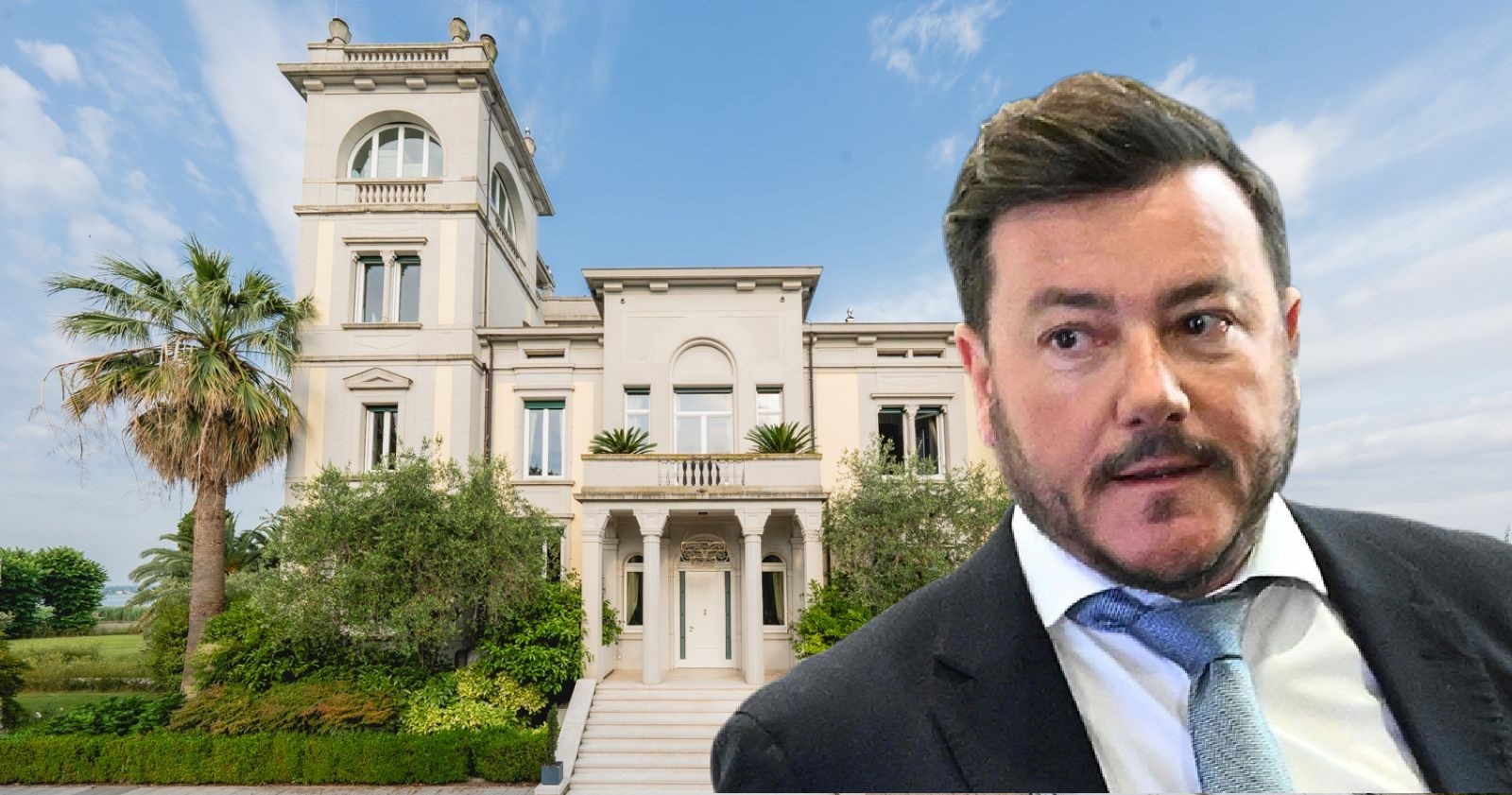 Montage von René Benko vor der Fassade der Villa Ansaldi in Italien mit Palmen und neoklassizistischer Architektur.