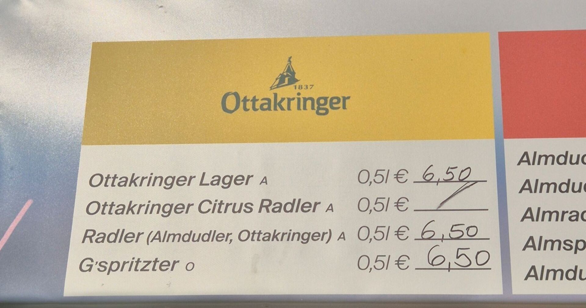 Preistafel an einem der Gastronomiestände am Wiener Donauinselfest