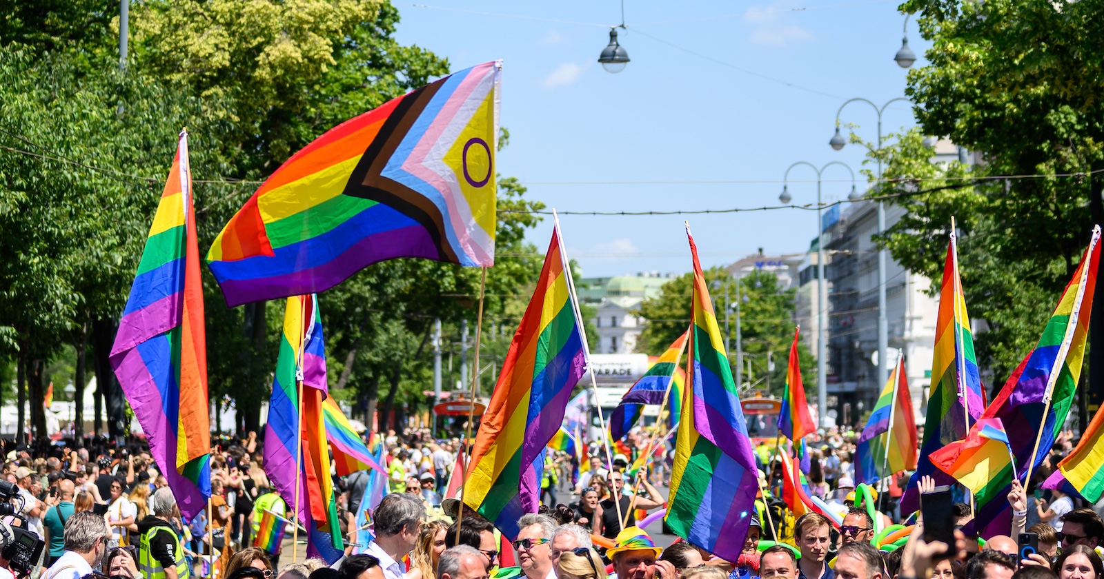 Menschenmenge bei der Wiener Regenbogenparade 2024 mit zahlreichen Regenbogen- und Pride-Flaggen, die auf der Ringstraße in der Innenstadt schwenken.