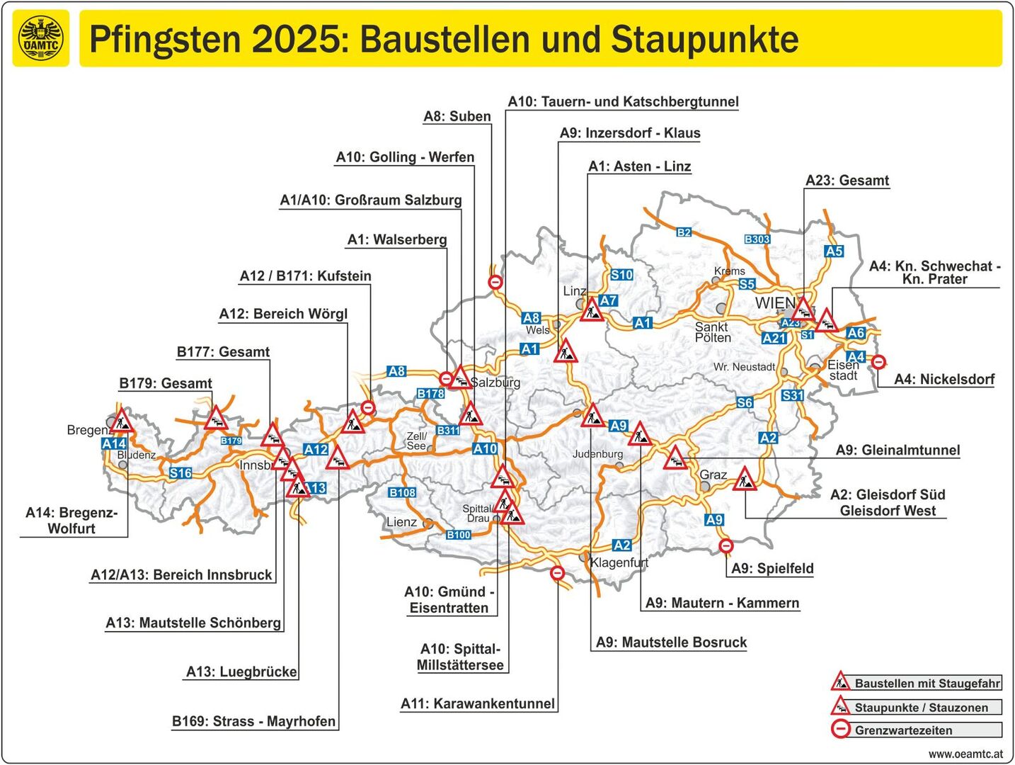 Grafik des Verkehrsclubs ÖAMTC, welche Baustellen und besondere Staupunkte in Österreich zeigt