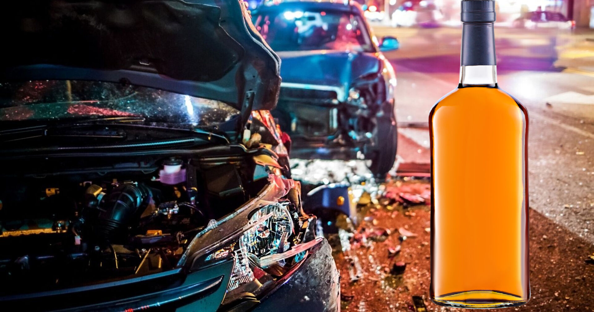 Zwei Unfallfahrzeuge, daneben steht eine Flasche mit hochprozentigem Alkohol