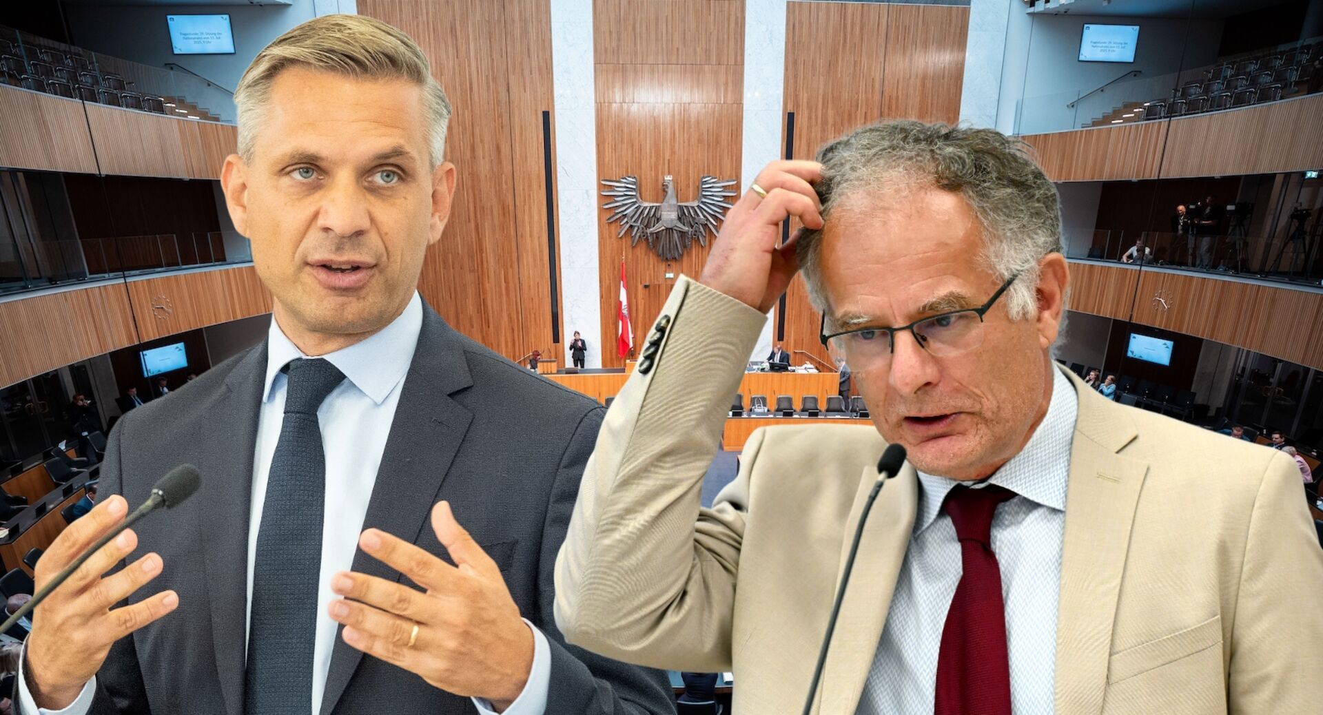 Zwei Minister am Rednerpult im Nationalrat: Links Wolfgang Hattmannsdorfer (ÖVP) gestikulierend, rechts Markus Marterbauer (SPÖ) mit nachdenklicher Geste – Symbolbild zur politischen Debatte über Teilzeitarbeit.
