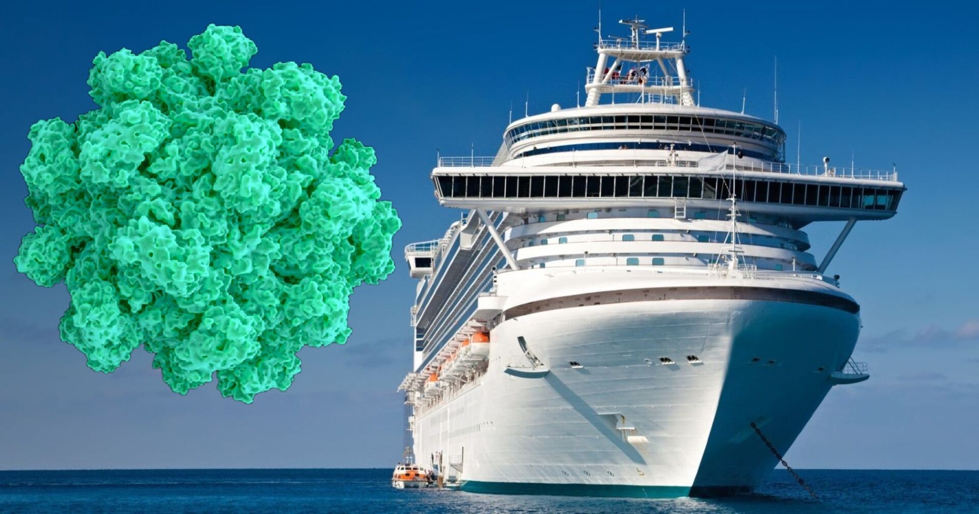Ein Kreuzfahrtschiff auf offener See, daneben stark vergrößerte Darstellung eines Norovirus – Symbolbild für aktuelle massenhafte Krankheitsausbrüche an Bord.