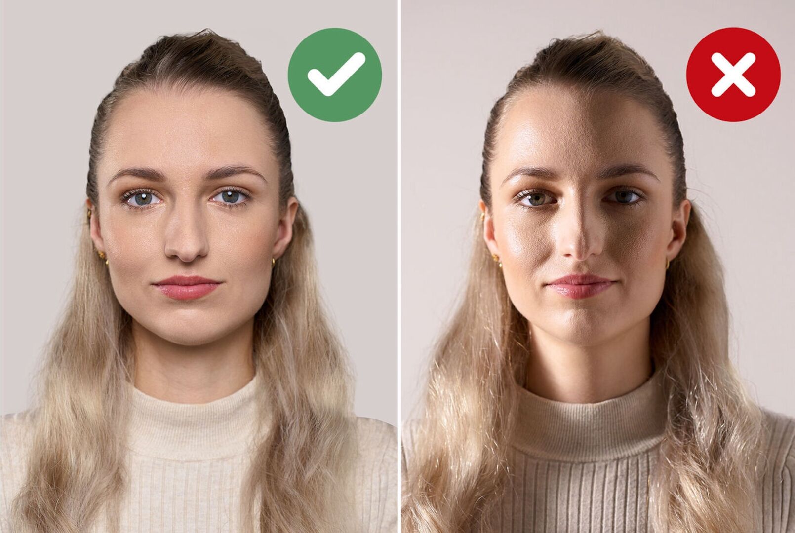 Zwei Passbilder, eines in ungünstigen Lichtverhältnissen