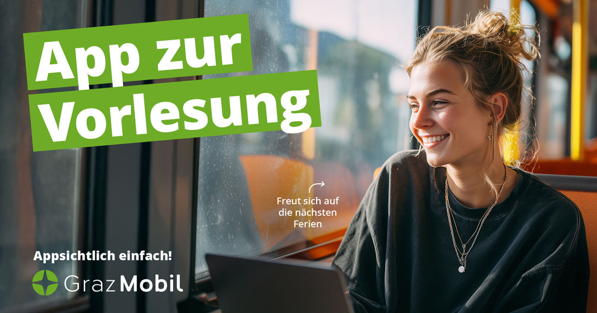 Studentin im Zug | Credit: Holding Graz, achtzigzehn, generiert mit Midjourney