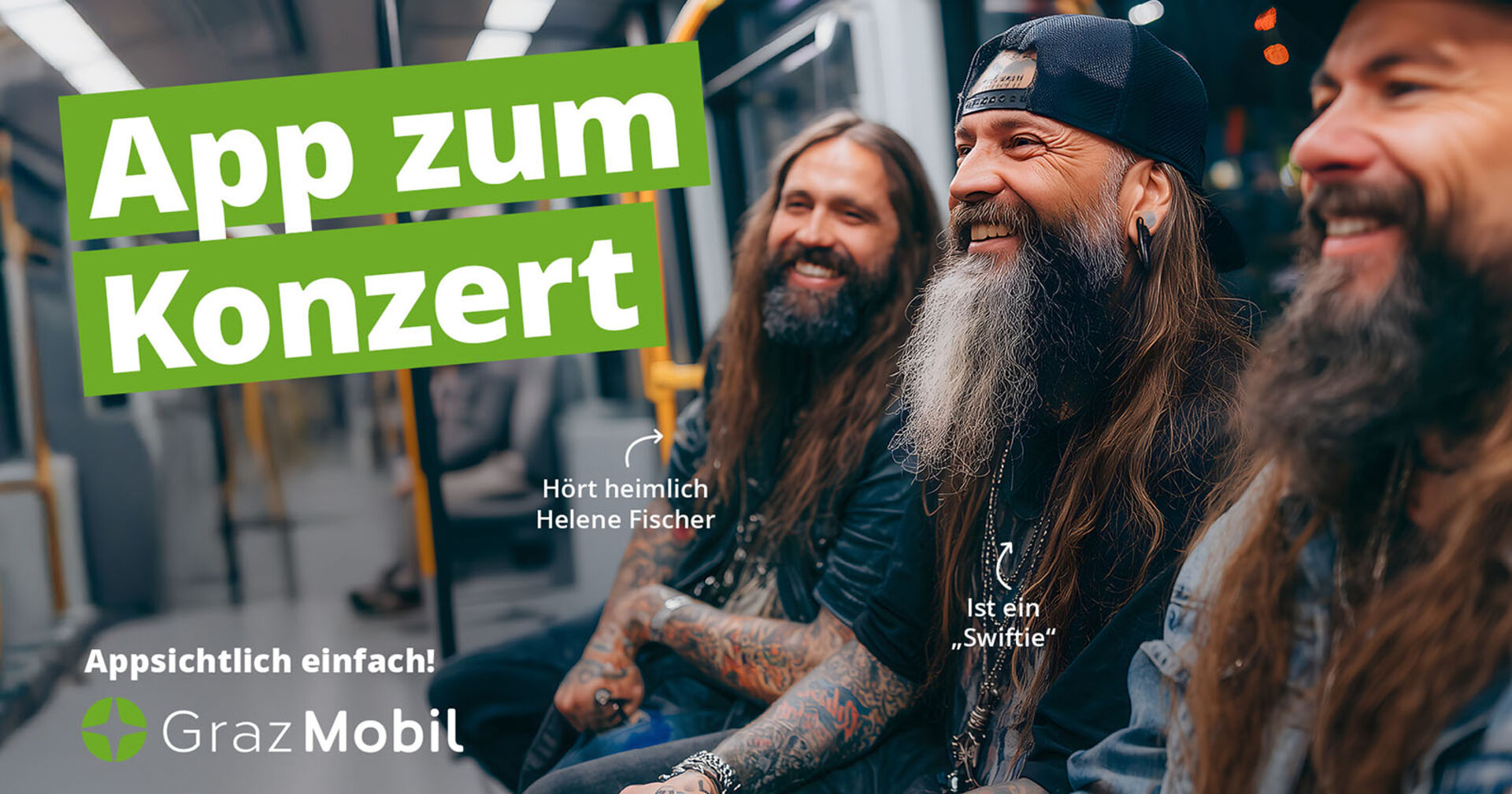 Metal-Fans in der Straßenbahn | Credit: Holding Graz, achtzigzehn, generiert mit Midjourney