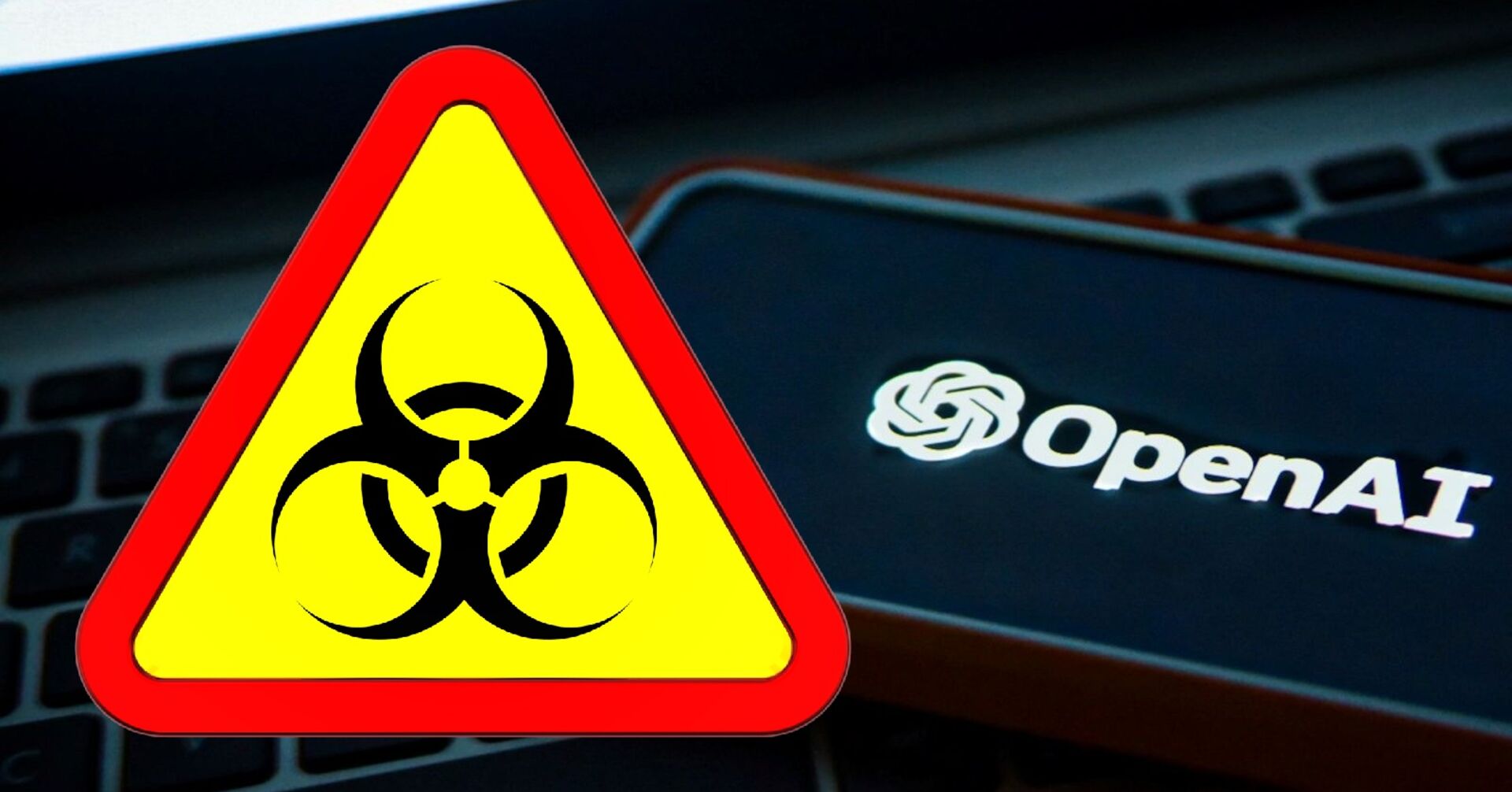 Warnschild mit Biohazard-Symbol vor einem Bildschirm mit dem OpenAI-Logo – Hinweis auf potenzielle Risiken von ChatGPT-5 in kritischen Forschungsbereichen.