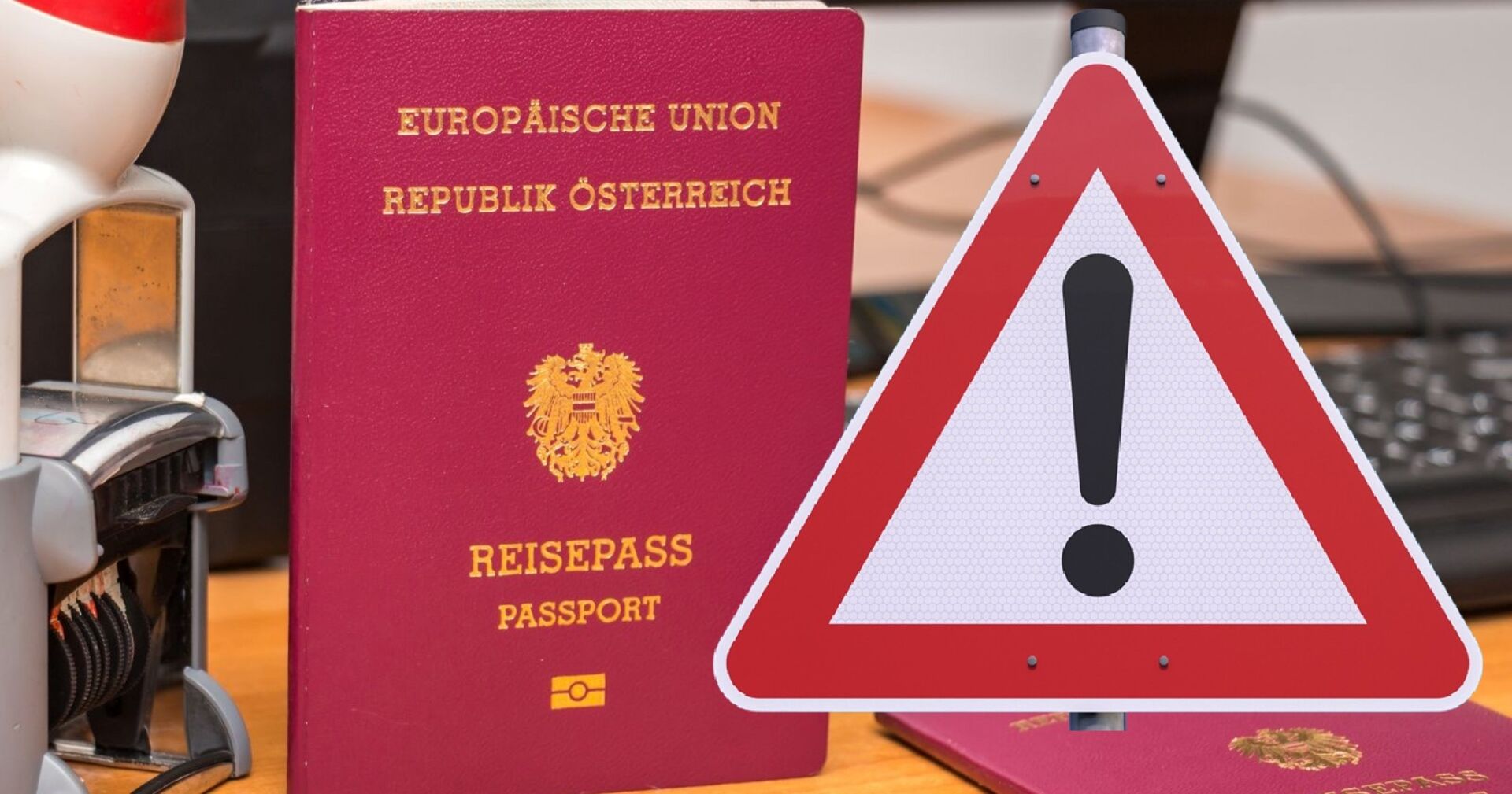 Zwei österreichische Reisepässe auf einem Schreibtisch neben einem Stempelgerät und einer Computertastatur, ein großes Warnschild.