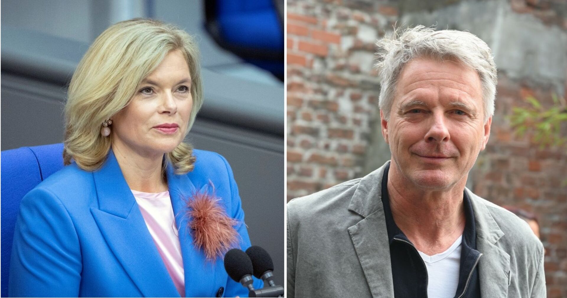 Porträtfotos von Julia Klöckner in blauem Blazer am Rednerpult und Jörg Pilawa in grauer Jacke vor einer Backsteinmauer.