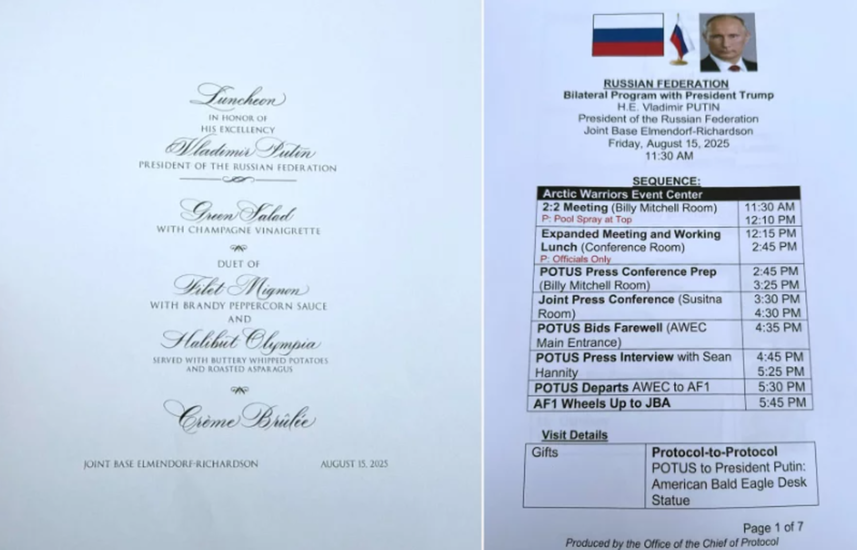 Zwei Dokumente nebeneinander: Links ein formell gestaltetes Menü mit Speisen wie Filet Mignon und Crème Brûlée für ein Mittagessen zu Ehren von Wladimir Putin. Rechts ein Zeitplan des Trump-Putin-Gipfels vom 15. August 2025 mit genauen Uhrzeiten, Veranstaltungsorten und Abläufen des Treffens auf der Militärbasis Elmendorf-Richardson.
