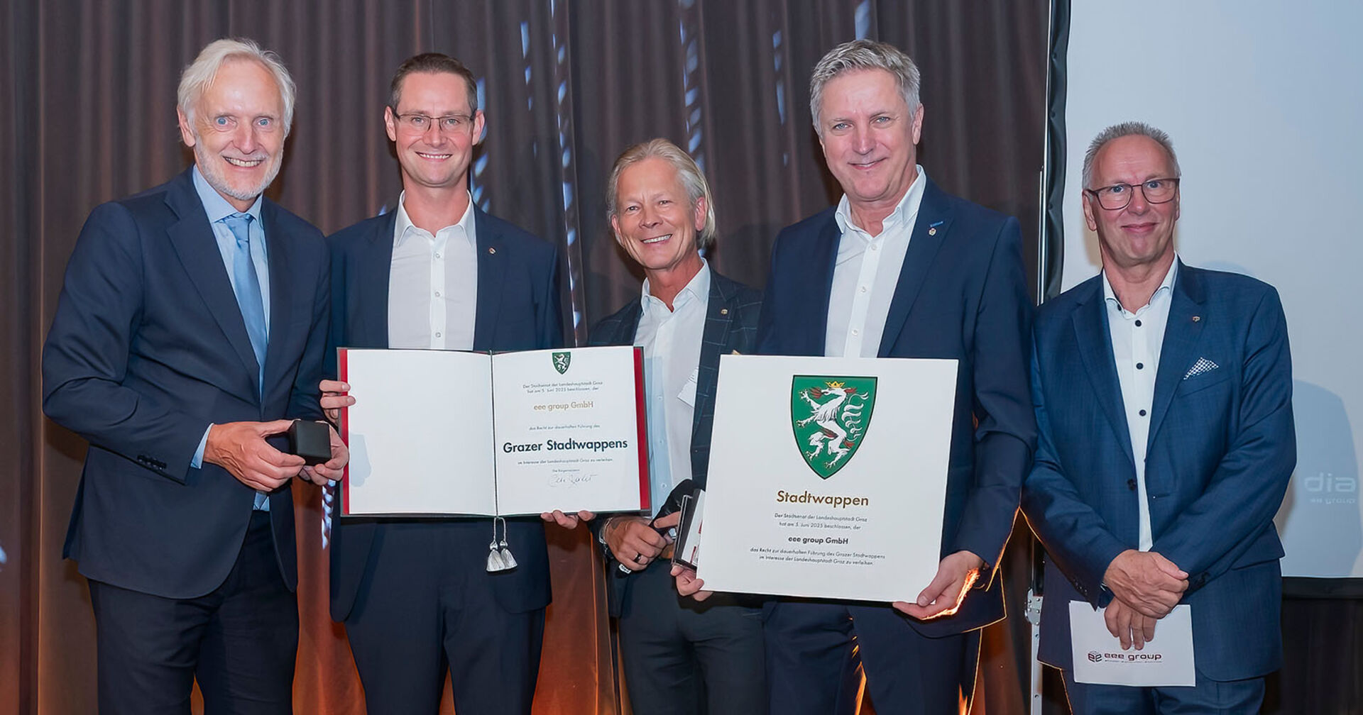 Stadtrat Riegler, Gesellschafter Düss, Eigentümer Brandner, CEO &amp; Gesellschafter Khom und Gesellschafter Schaffer (v.l.)