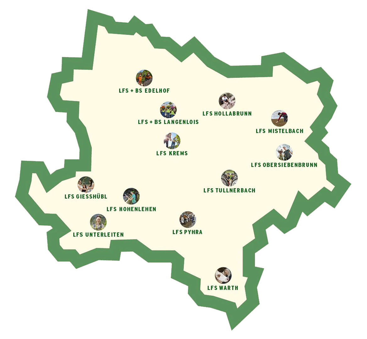 Landkarte mit Standorten landwirtschaftlicher Fachschulen in Niederösterreich | Credit: LAKO