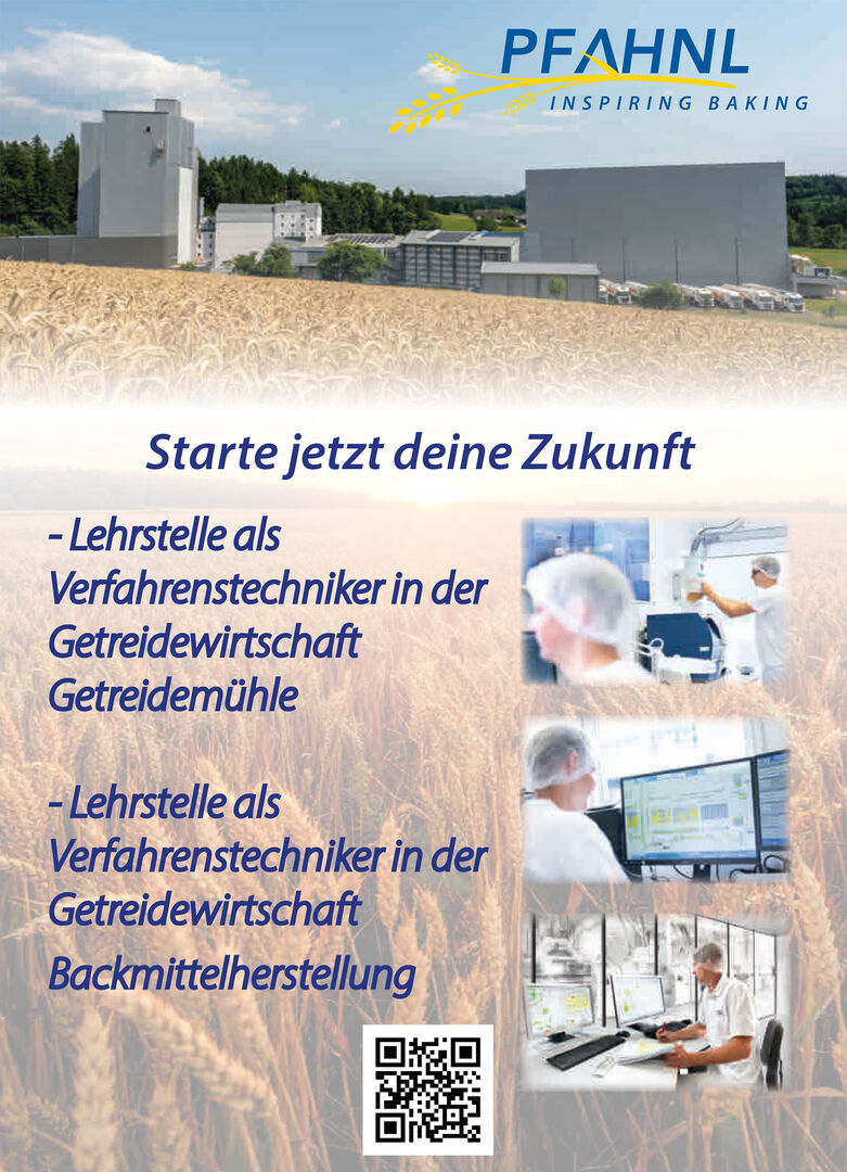 Plakat mit Getreidefeld, das dazu aufruft, sich für eine Lehrstelle in der Backmittel-Industrie zu bewerben | Credit: Pfahnl Backmittel