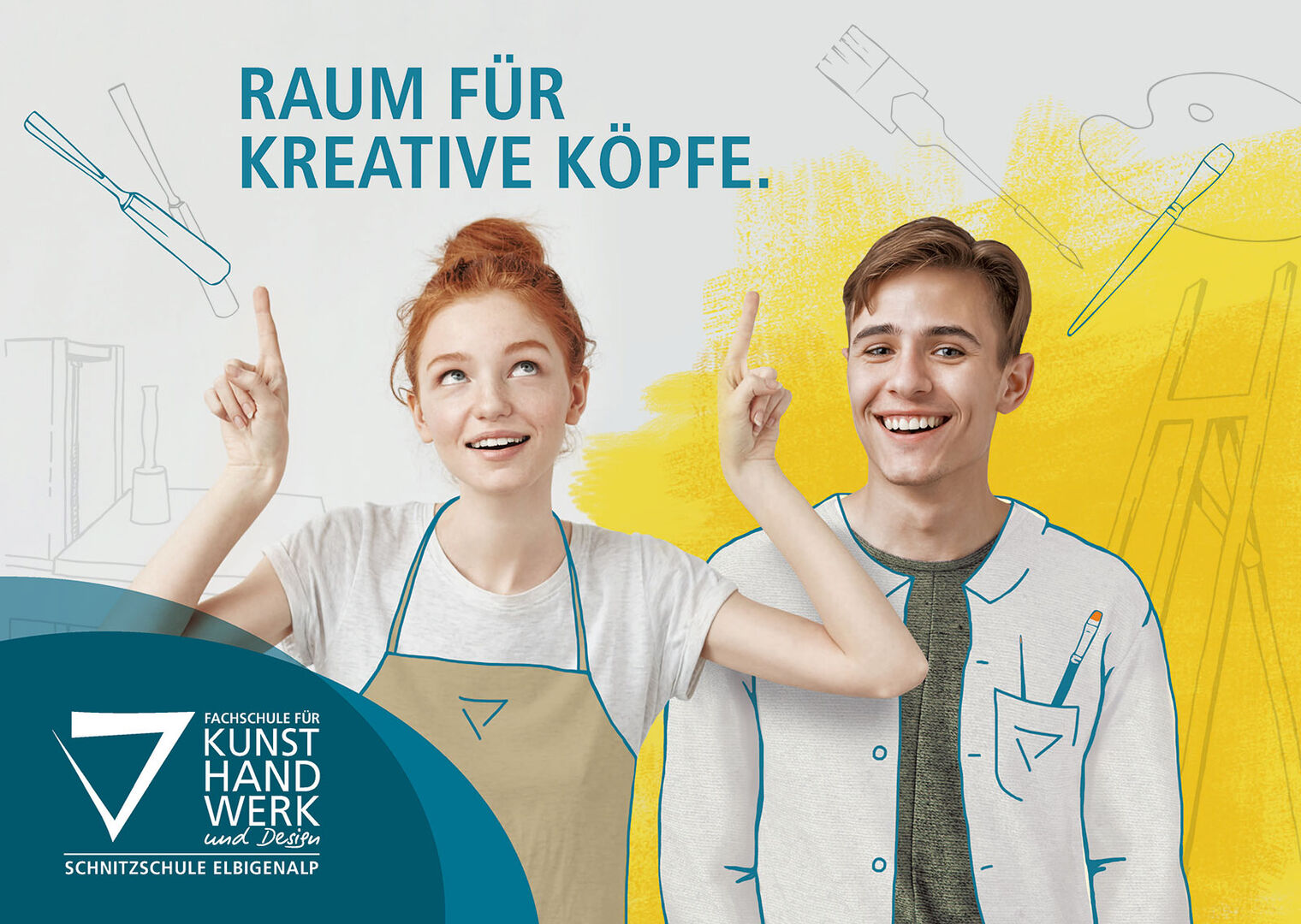 Plakat mit einer Schülerin und einem Schüler in Arbeitskleidung | Credit: Fachschule für Kunsthandwerk und Design