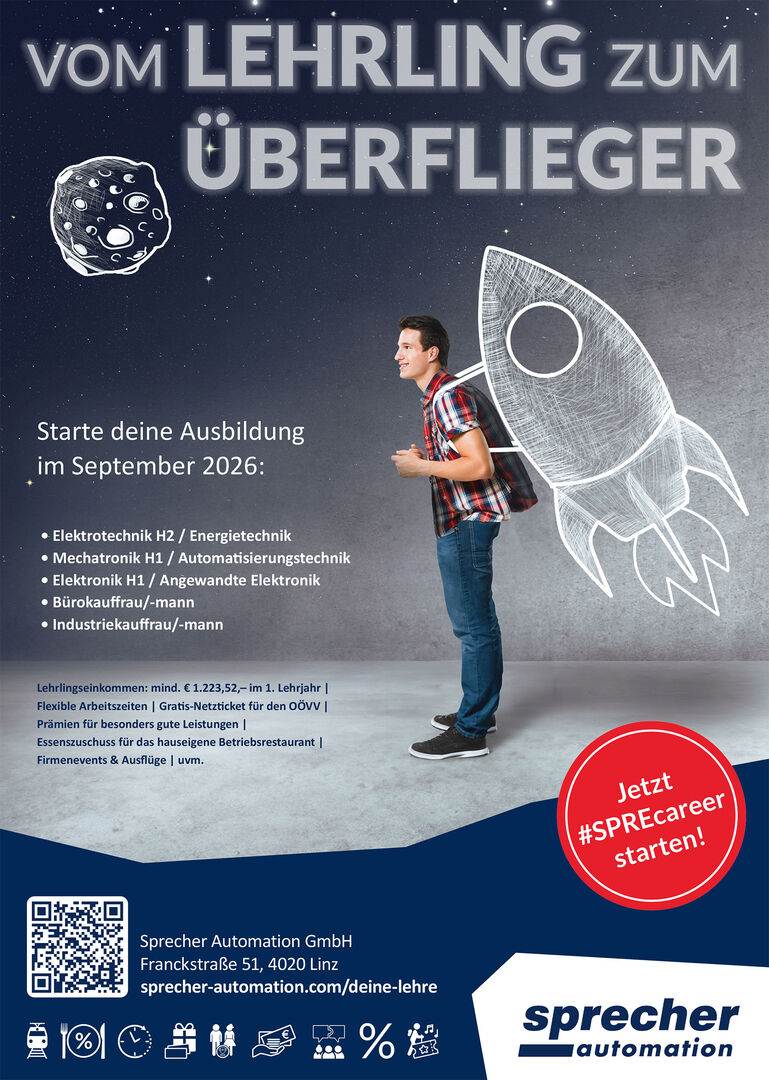 Plakat, das aufruft, sich als Lehrling bei Sprecher Automation zu bewerben | Credit: Sprecher Automation