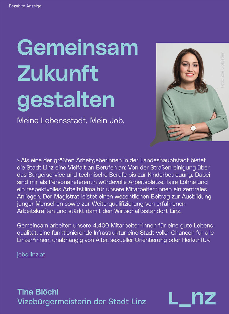 Werbeplakat mit lilafarbenem Hintergrund | Credit: Magistrat Linz