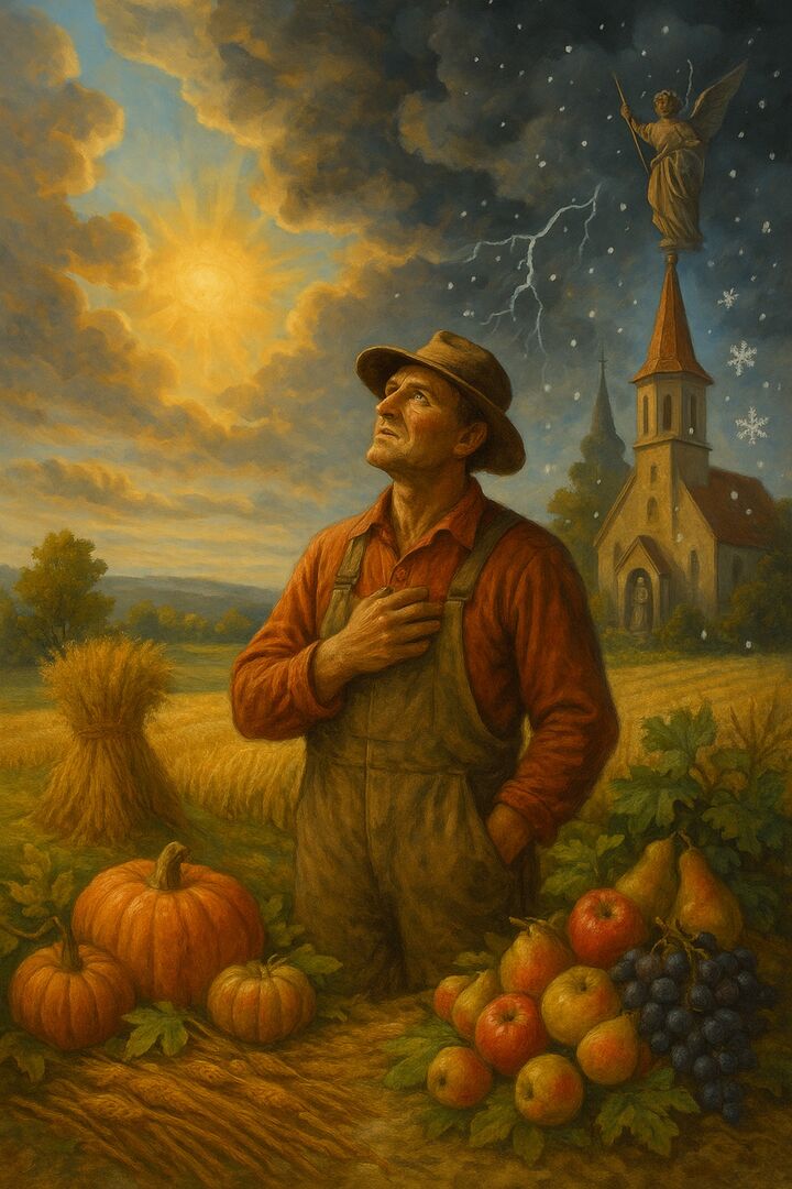 Gemälde zu Bauernregel September: Bauer mit Feldfrüchten wie Kürbis, Äpfel und Trauben schaut zum Himmel mit Sonne, Wolken, Blitz und Schneeflocken.