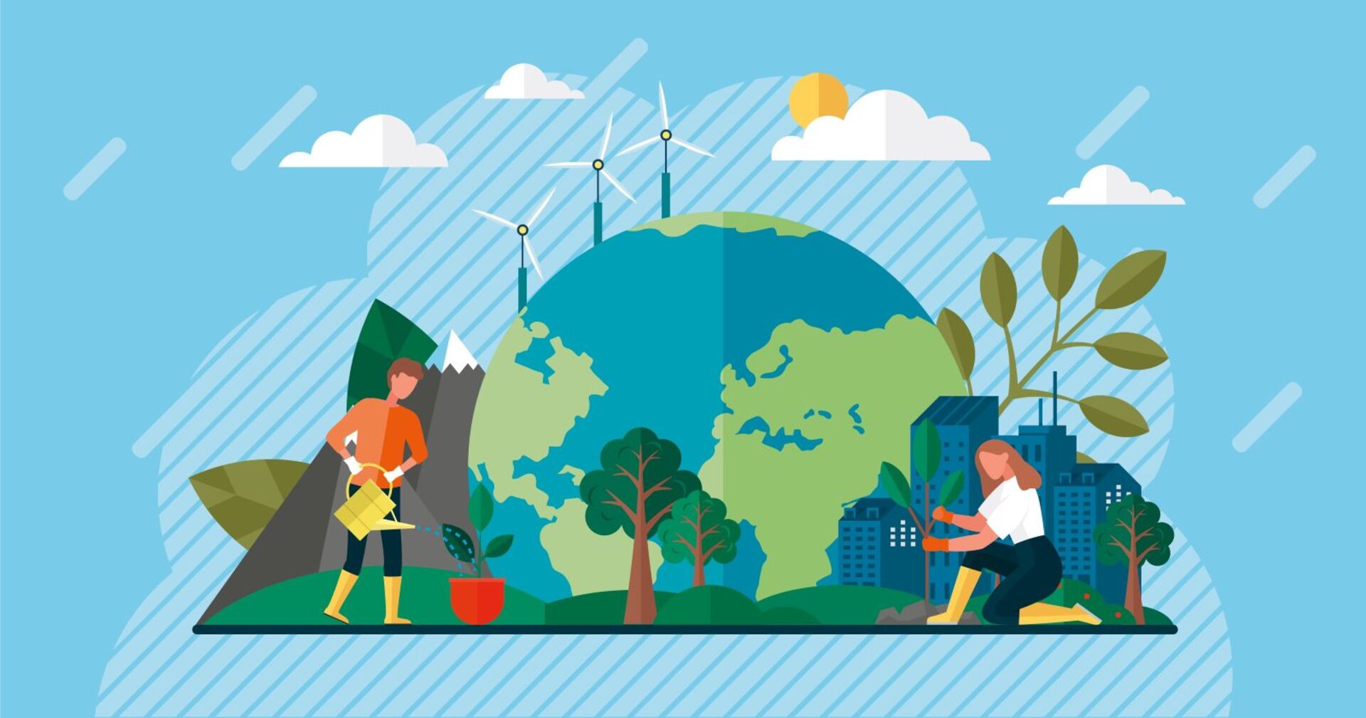 Illustration einer nachhaltigen Welt: Ein Mann gießt eine Pflanze mit einer Gießkanne, während eine Frau einen jungen Baum einpflanzt. Im Hintergrund sind die Erde, Bäume, Berge, Windräder, moderne Gebäude und die Sonne mit Wolken zu sehen.