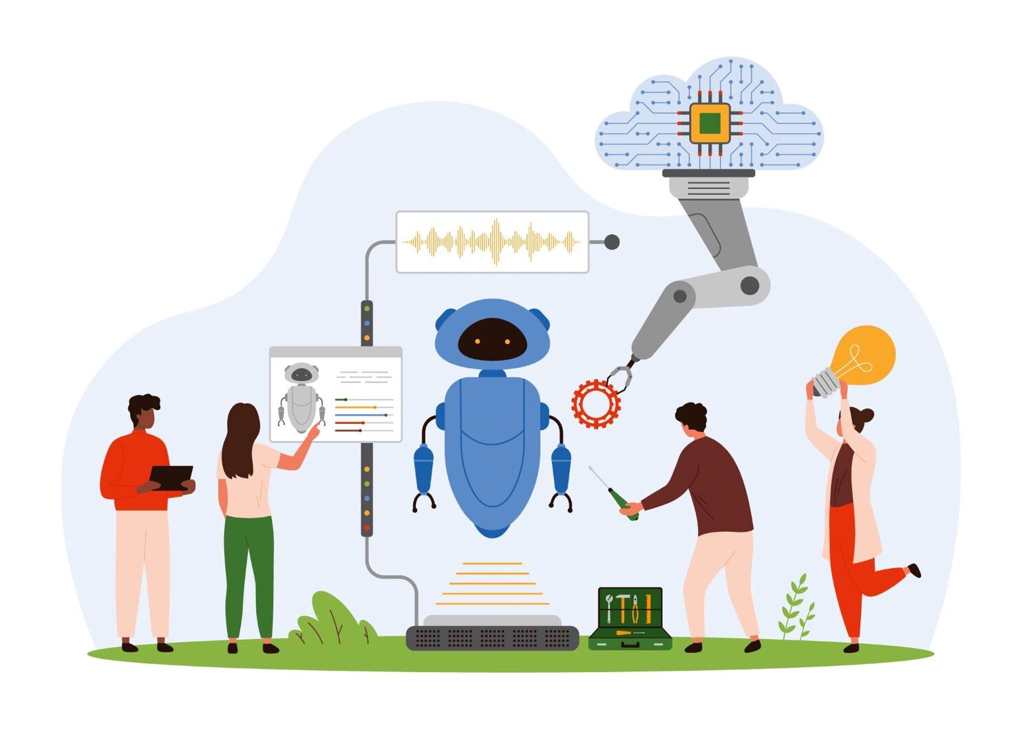 Illustration eines Roboters, rundherum sind Menschen mit Werkzeugkoffer, Laptop und einer großen Glühbirne - sinnbildlich für Kreativität im Job mit KI und Robotik.