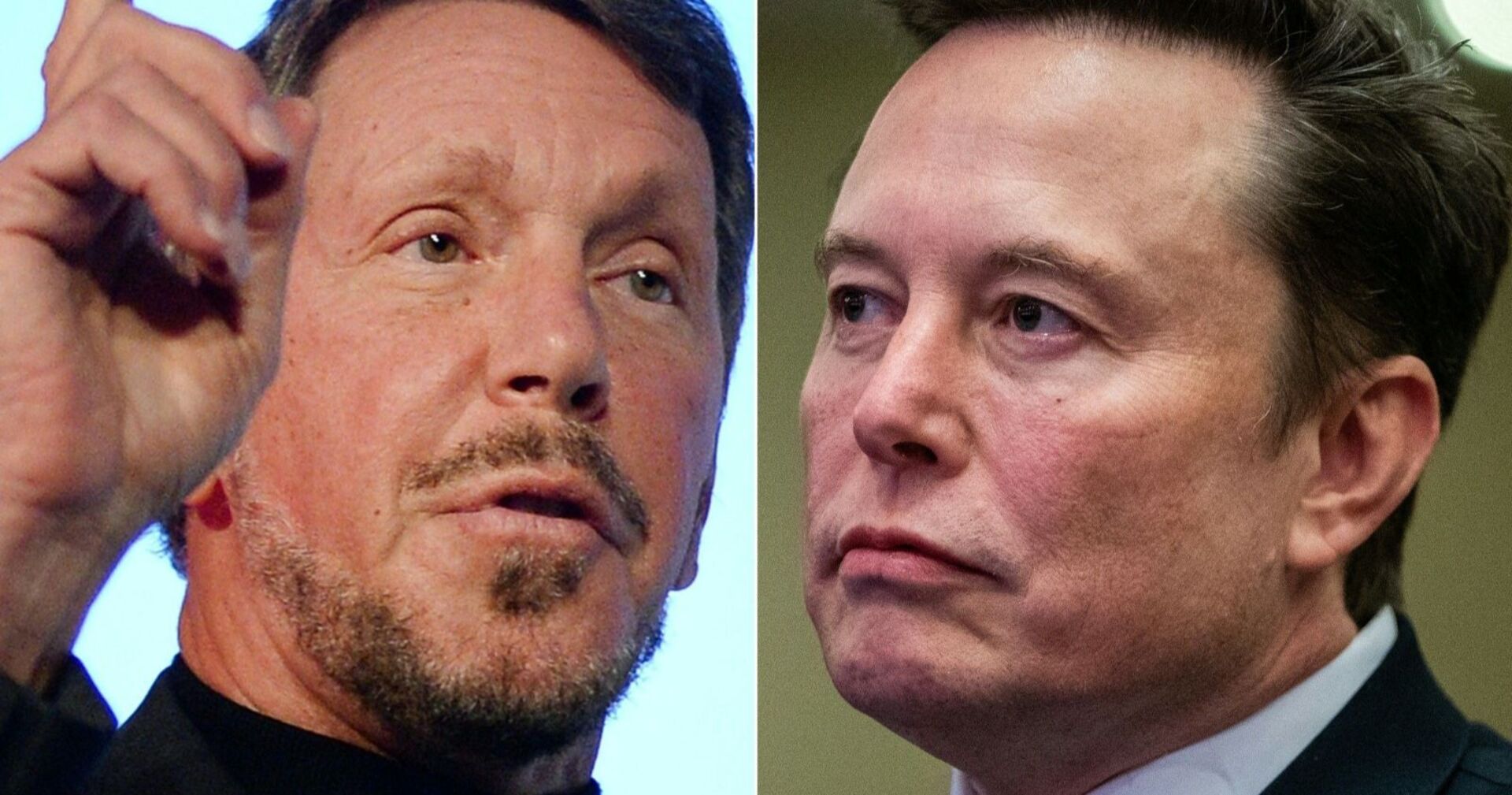 Larry Ellison (links) und Elon Musk (rechts) im Porträt – Ellison zeigt mit erhobenem Finger, während Musk ernst blickt.