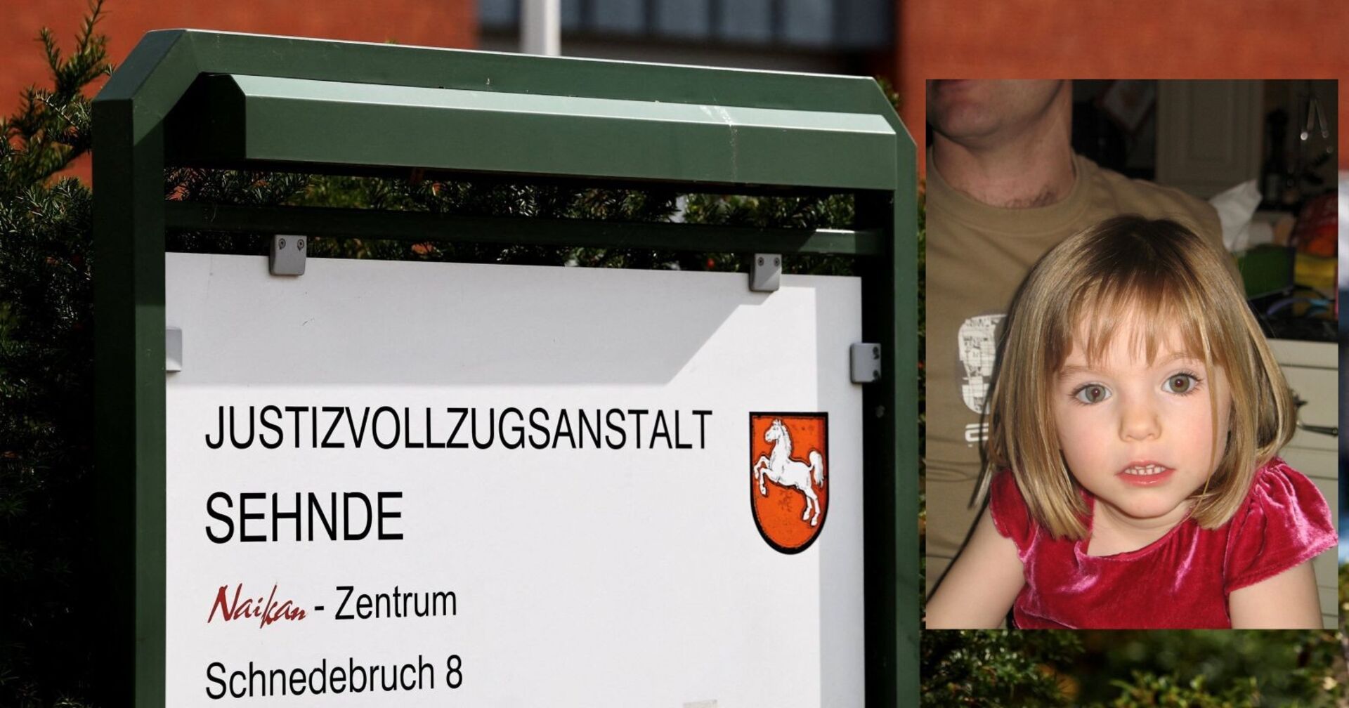 Justizvollzugsanstalt Sehnde mit Schild am Eingang und Foto von Madeleine McCann eingeblendet