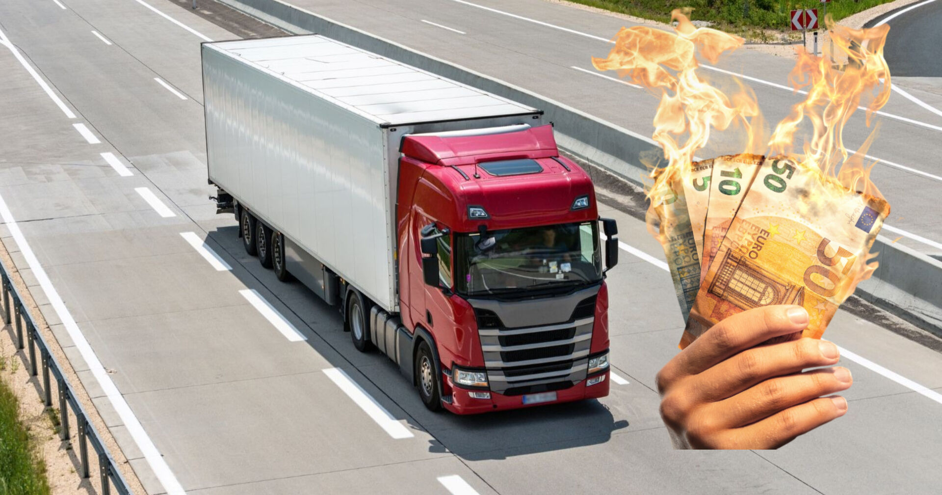 Symbolbild zur Heavylog-Insolvenz: Lkw auf Autobahn, daneben brennende Geldscheine als Sinnbild für Millionenverluste in der Logistikbranche
