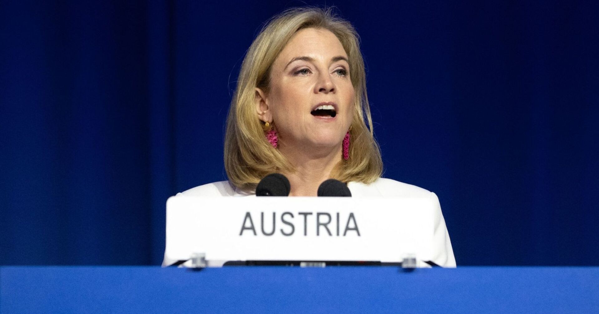 Beate Meinl-Reisinger an einem Rednerpult; Österreichs Außenministerin antwortet auf Donald Trumps Kritik an Österreich im Rahmen seiner UN-Rede in New York.