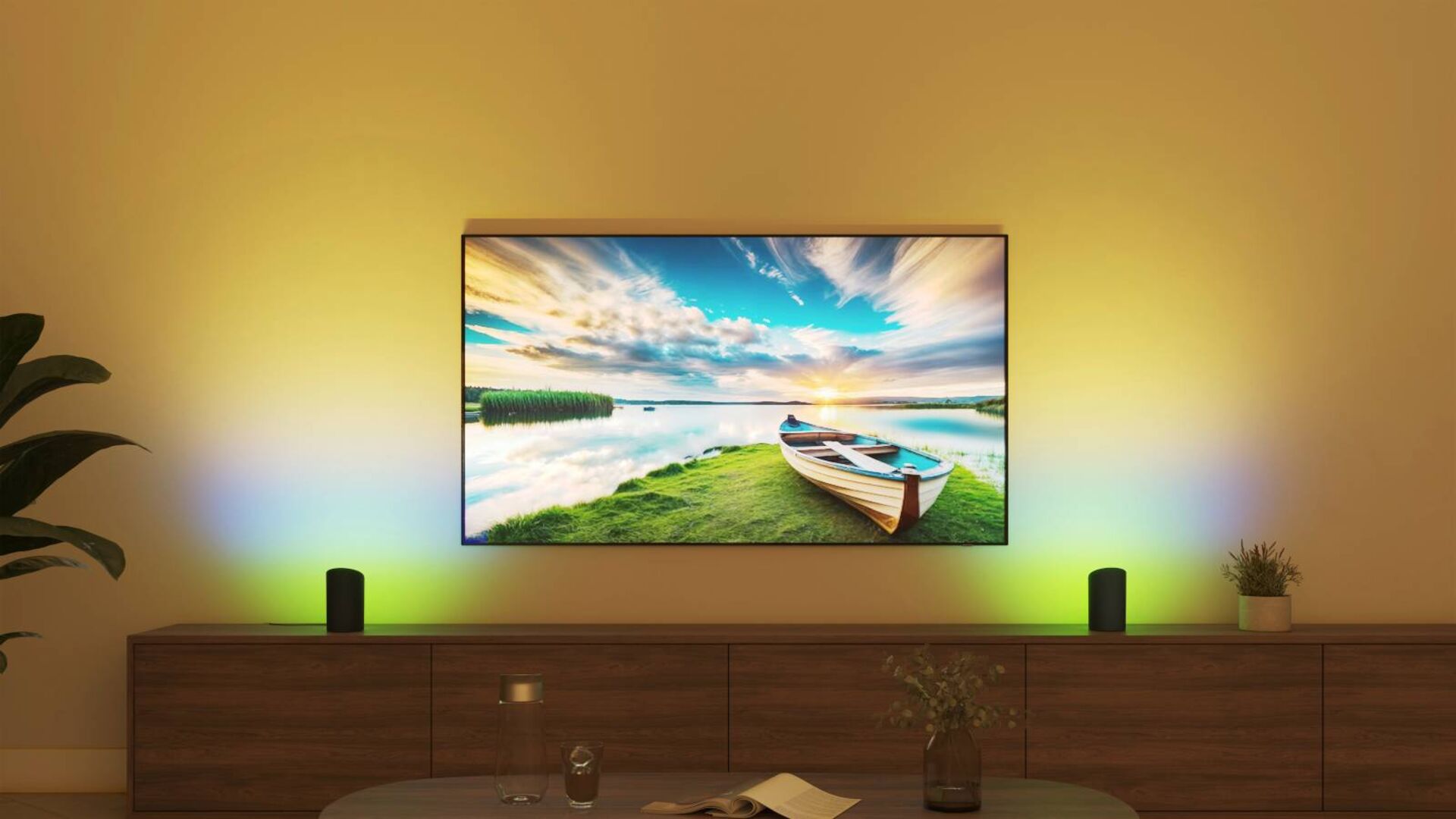 TV an einer Wand im Wohnzimmer zeigt ein Boot an einem See mit spektakulärer Wolkenlandschaft. Zwei Wandstrahler rechts und links vom TV projizieren die leuchtenden Farben des TV-Bilds an die Wand.