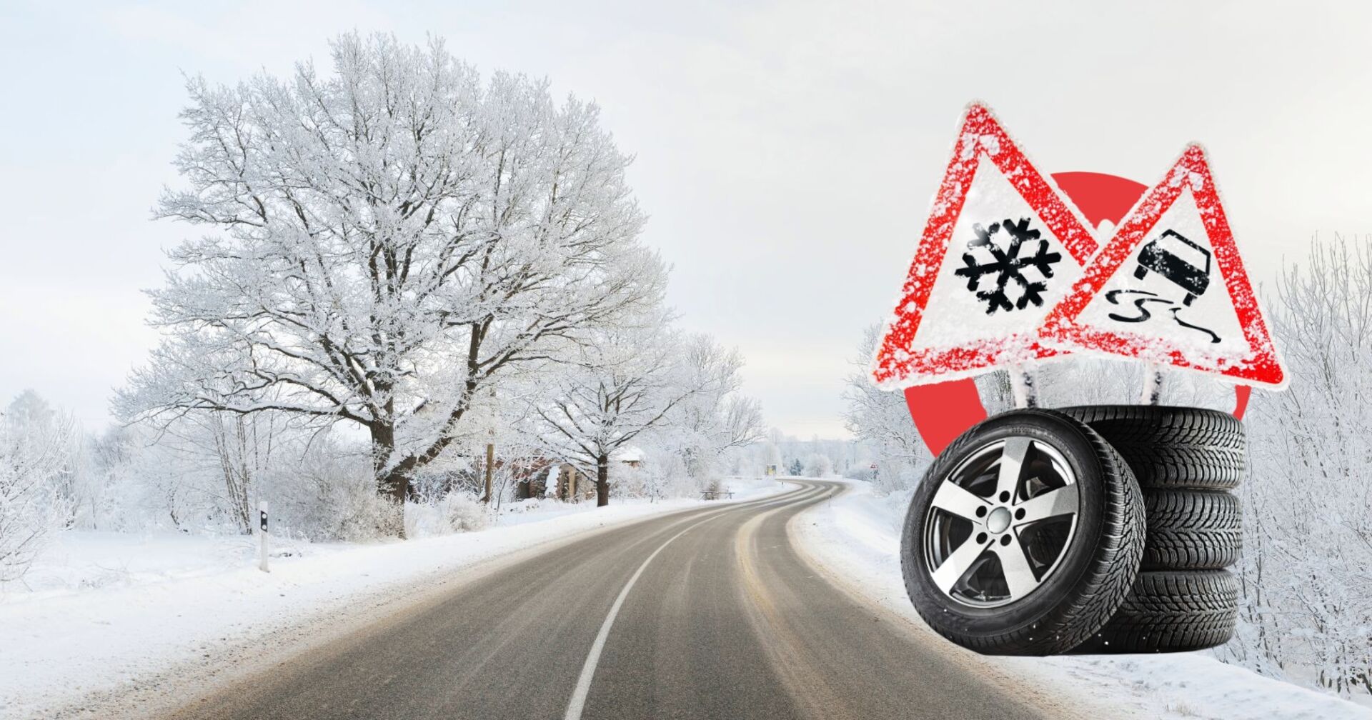 S-Form Landstraße durch ein Winterwunderland mit Raureif neben montiertem Bild eines Stapels Autoreifen