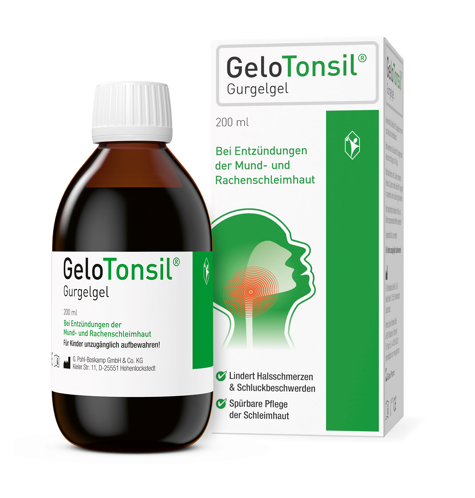 Flasche Gurgelgel gegen Halsschmerzen | Credit: GeloTonsil®