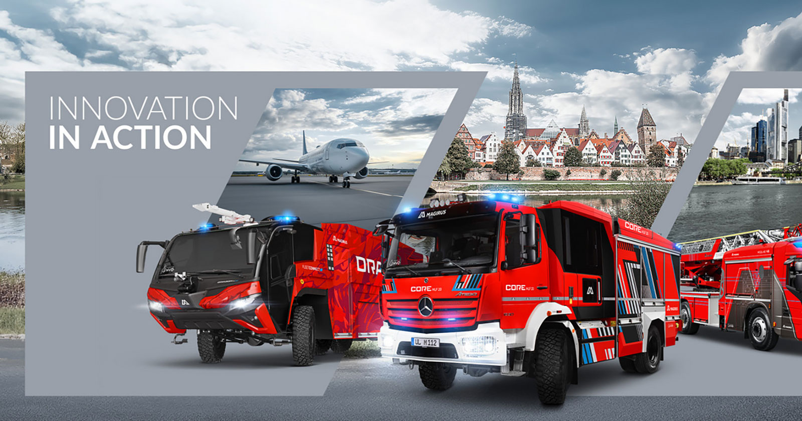 Rote Lastkraftwagen vor der Kulisse einer Stadt | Credit: Magirus Lohr