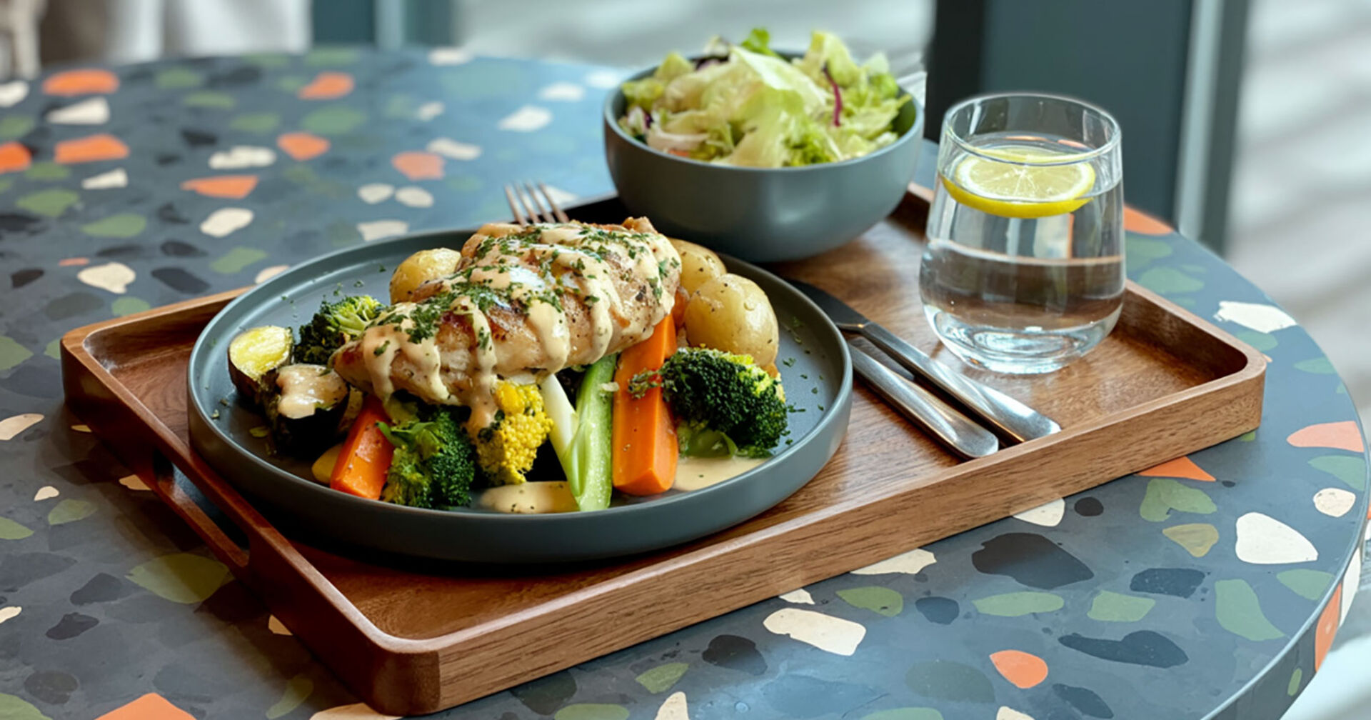 Köstlich zubereitetes Gericht auf einem Tablett serviert | Credit: Hilfswerk Salzburg/das Urstein