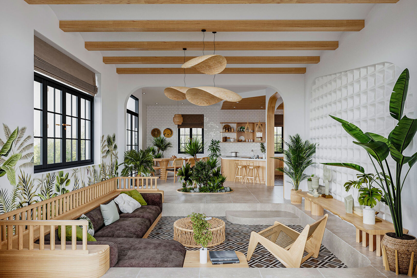 Wohnzimmer mit Holzmöbeln und Pflanzen | Credit: iStock.com/Saiful Islam