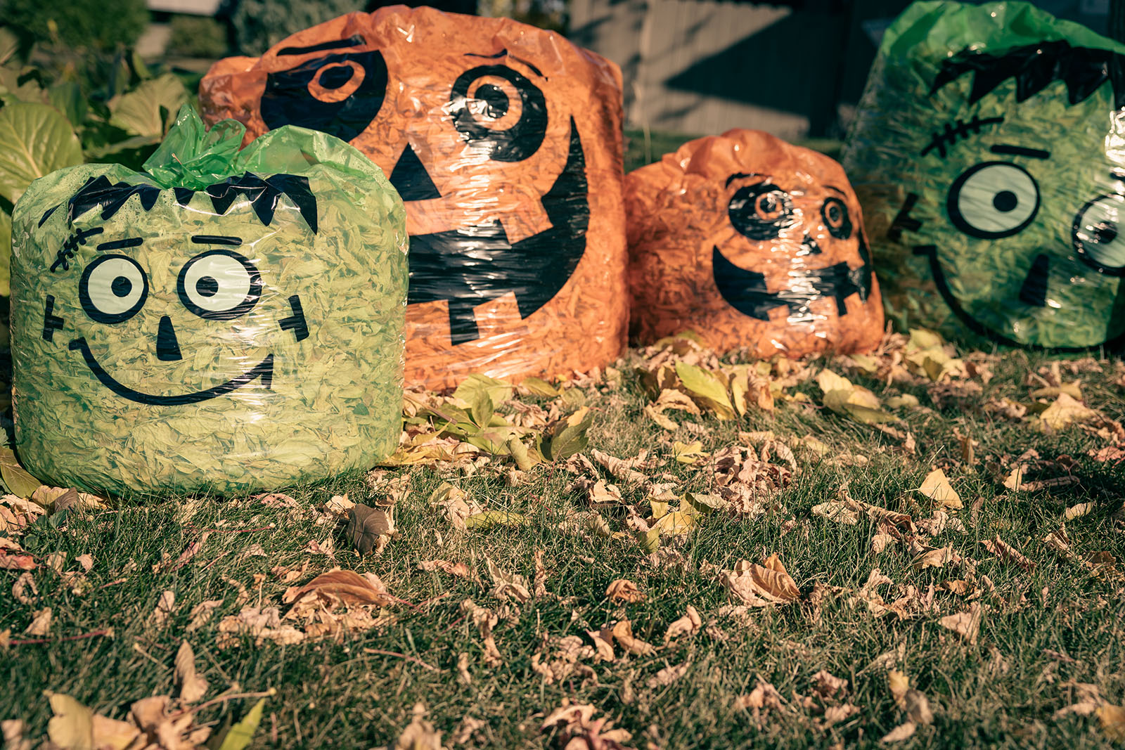 Halloween-Kürbisse aus Laub und Müllsäcken | Credit: iStock.com/Kara Gebhardt