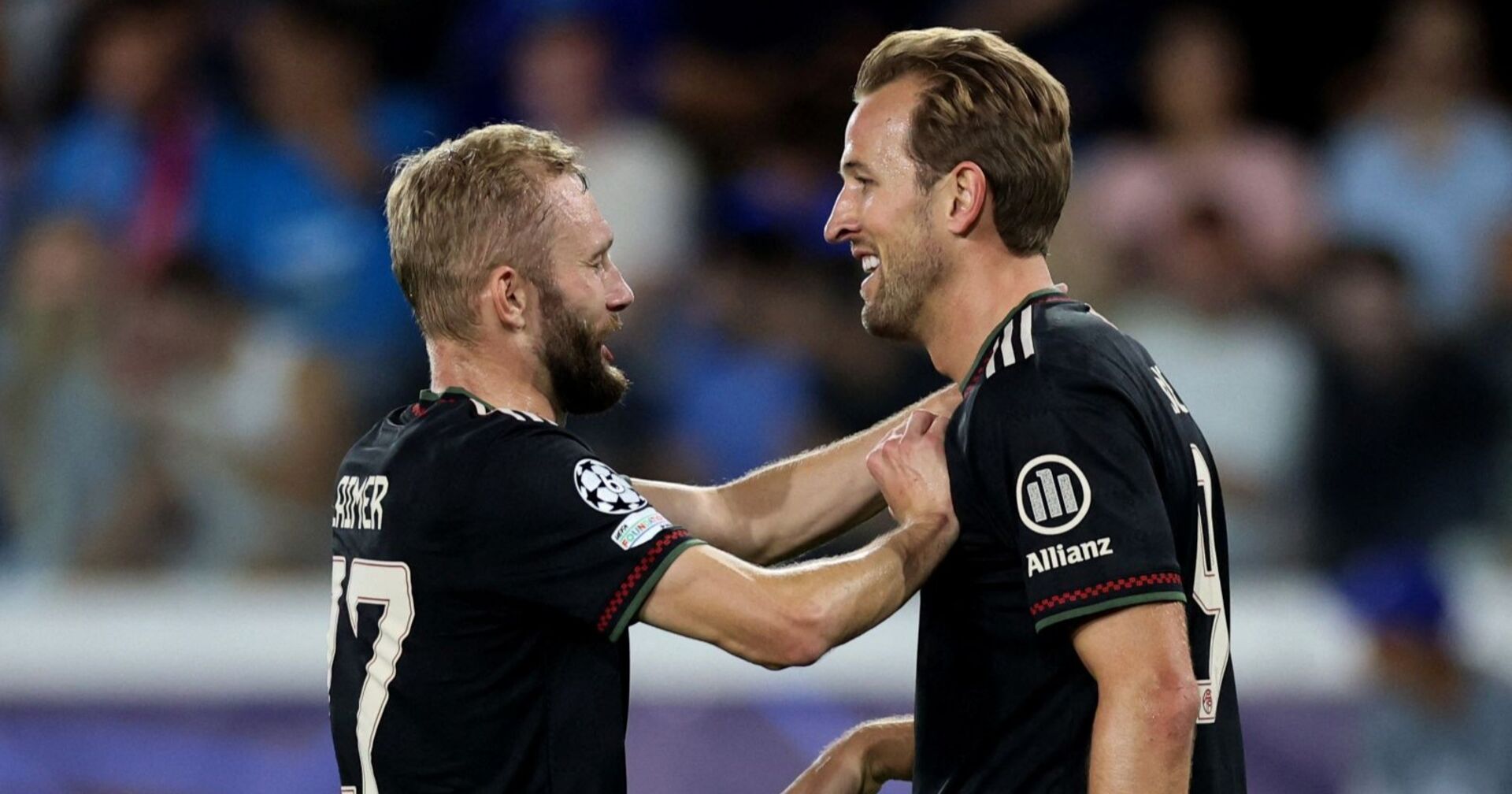 Harry Kane und Konrad Laimer während eines Champions League Spiels am 30.September 2025
