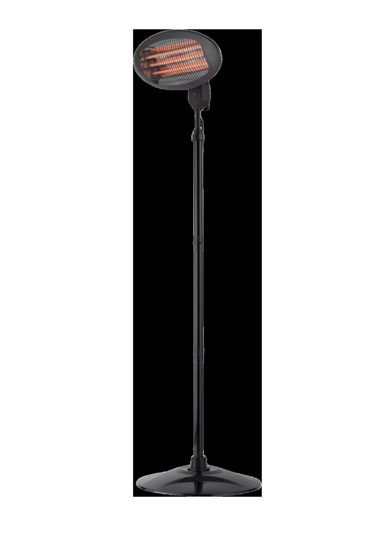 Schwarzer, höhenverstellbarer Standheizstrahler mit Infrarotlampe – moderner Terrassenheizer für angenehme Wärme im Außenbereich.