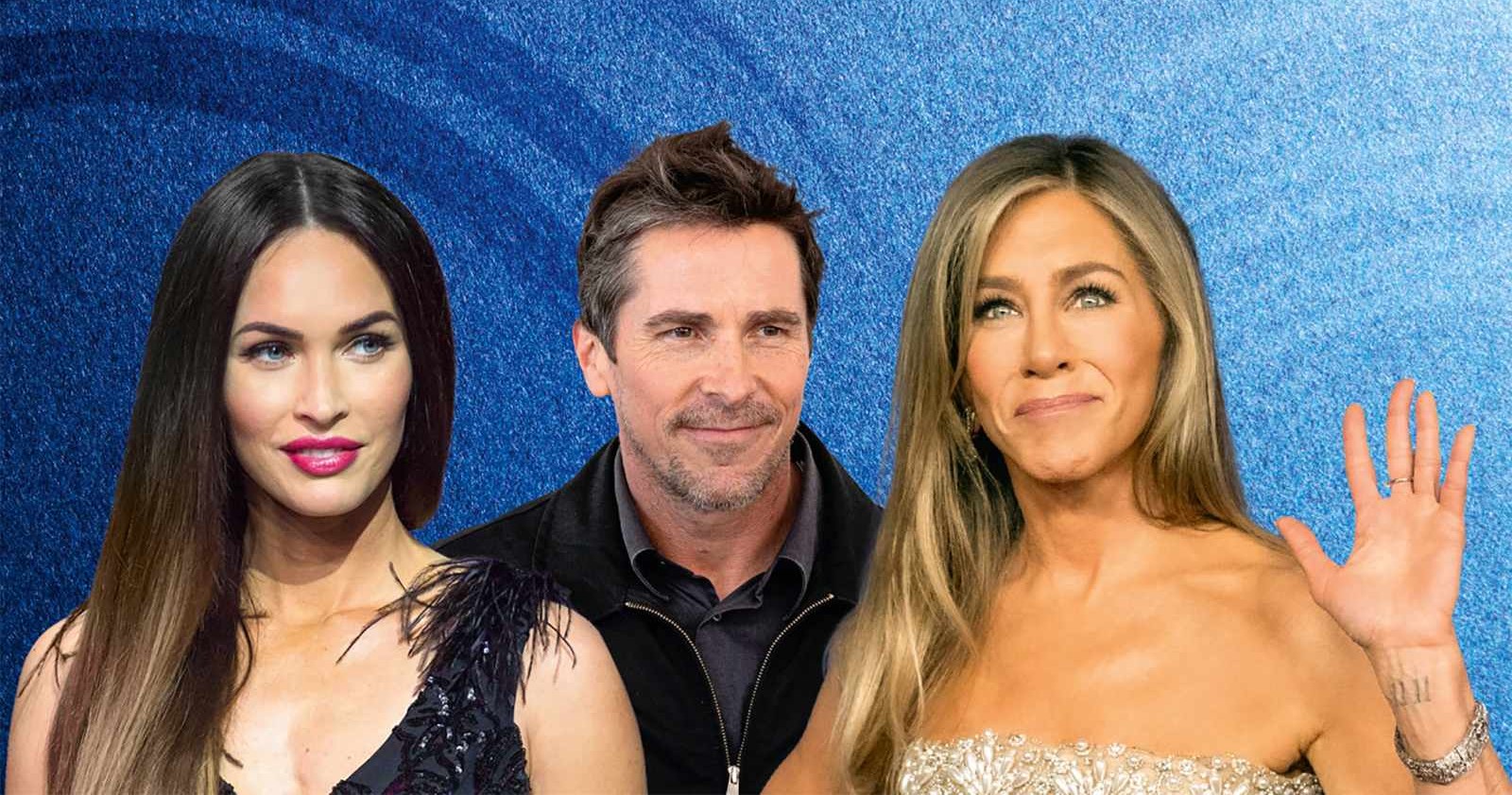 Megan Fox, Christian Bale und Jennifer Aniston nebeneinander vor blauem Hintergrund.