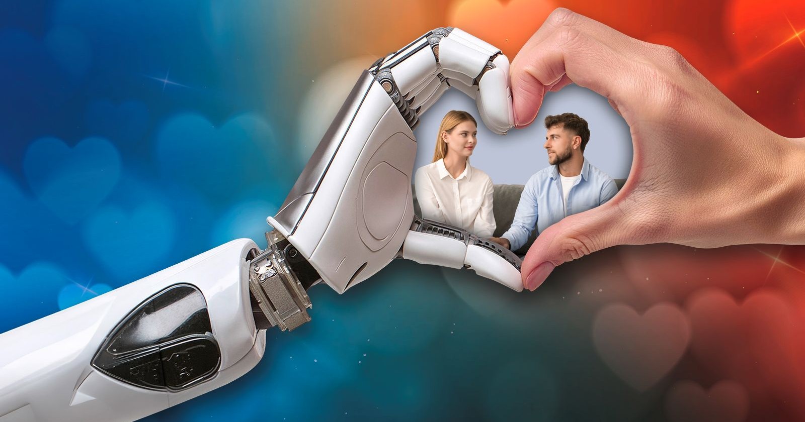 Eine menschliche Hand und eine Roboterhand formen gemeinsam ein Herz. Innerhalb des Herzens sitzt ein Paar auf einem Sofa und blickt sich an. Der Hintergrund ist in warmen Rot- und kühlen Blautönen mit Herzsymbolen gestaltet.