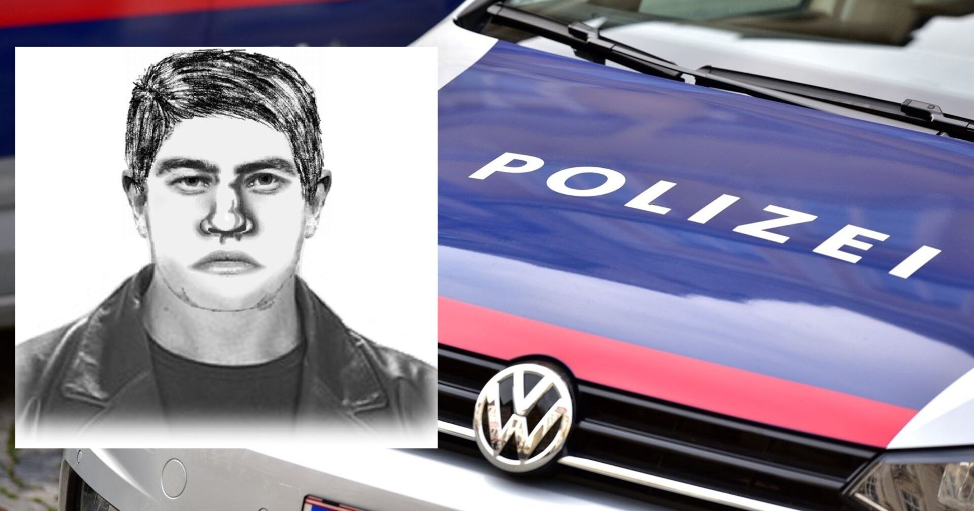 Phantombild, das den mutmaßlichen Täter zeigt, er trägt eine Lederjacke und hat eine große Nase. Polizeiauto