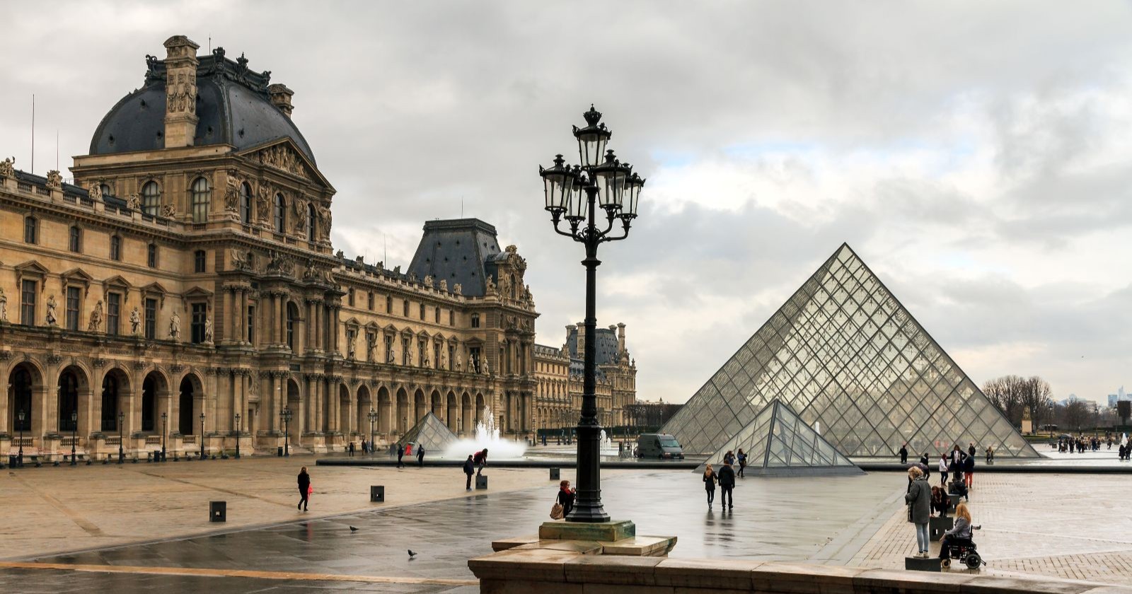 Außenansicht des Louvre-Museums in Paris mit der Glaspyramide im Vordergrund und wenigen Besuchern auf dem Platz bei bewölktem Himmel.